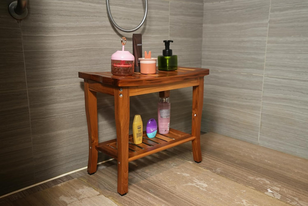 VaeFae Teak Shower Bench, Spa Bath Shower Stool with Storage Shelf, Wooden Seat Stool for Bathroom