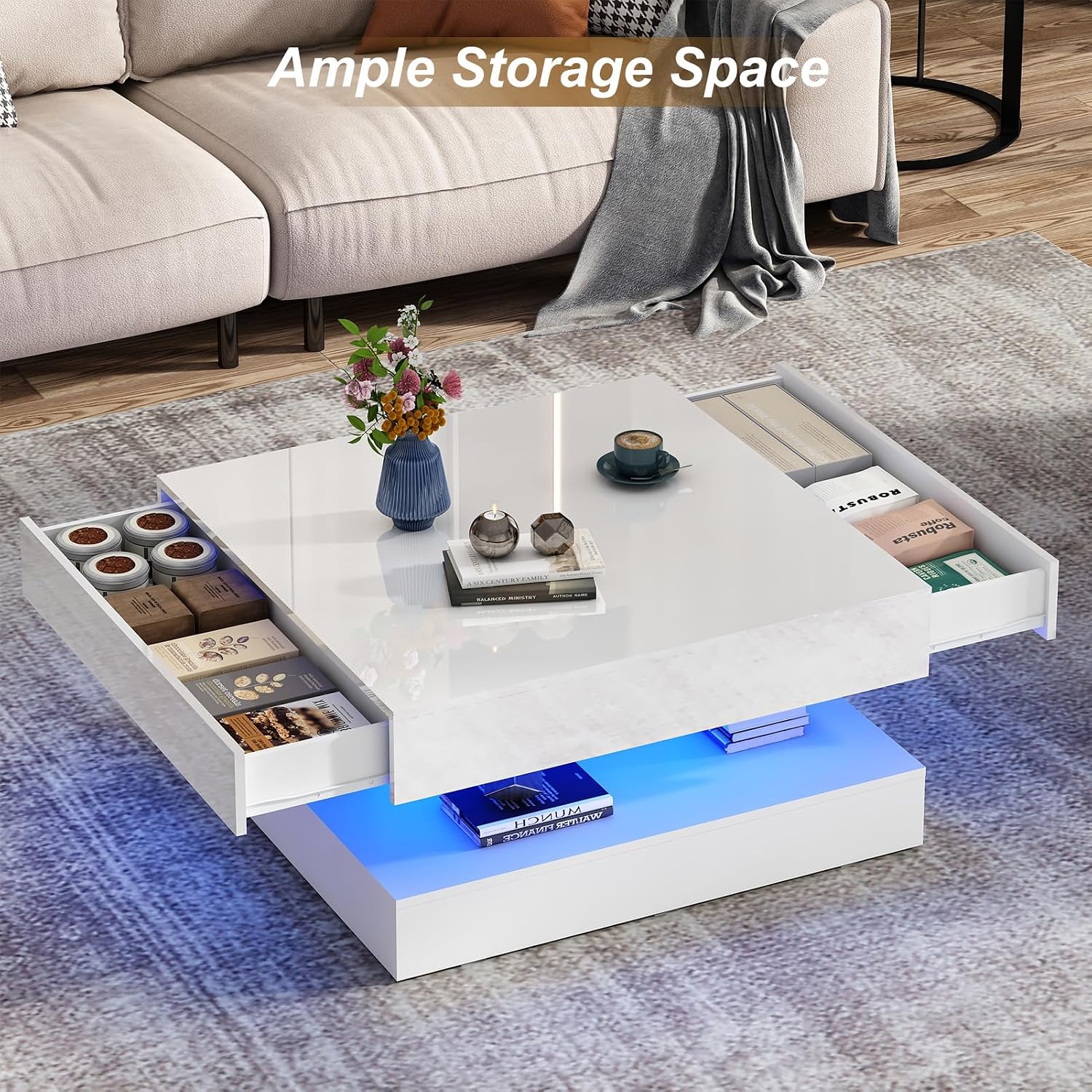 jiteentarou 33.9' LED Coffee Table with Storage, Modern High Glossy Living Room Table w/2 Drawers,Double-Layer Design Large Square Center Table for Living Room, Home, Office, White