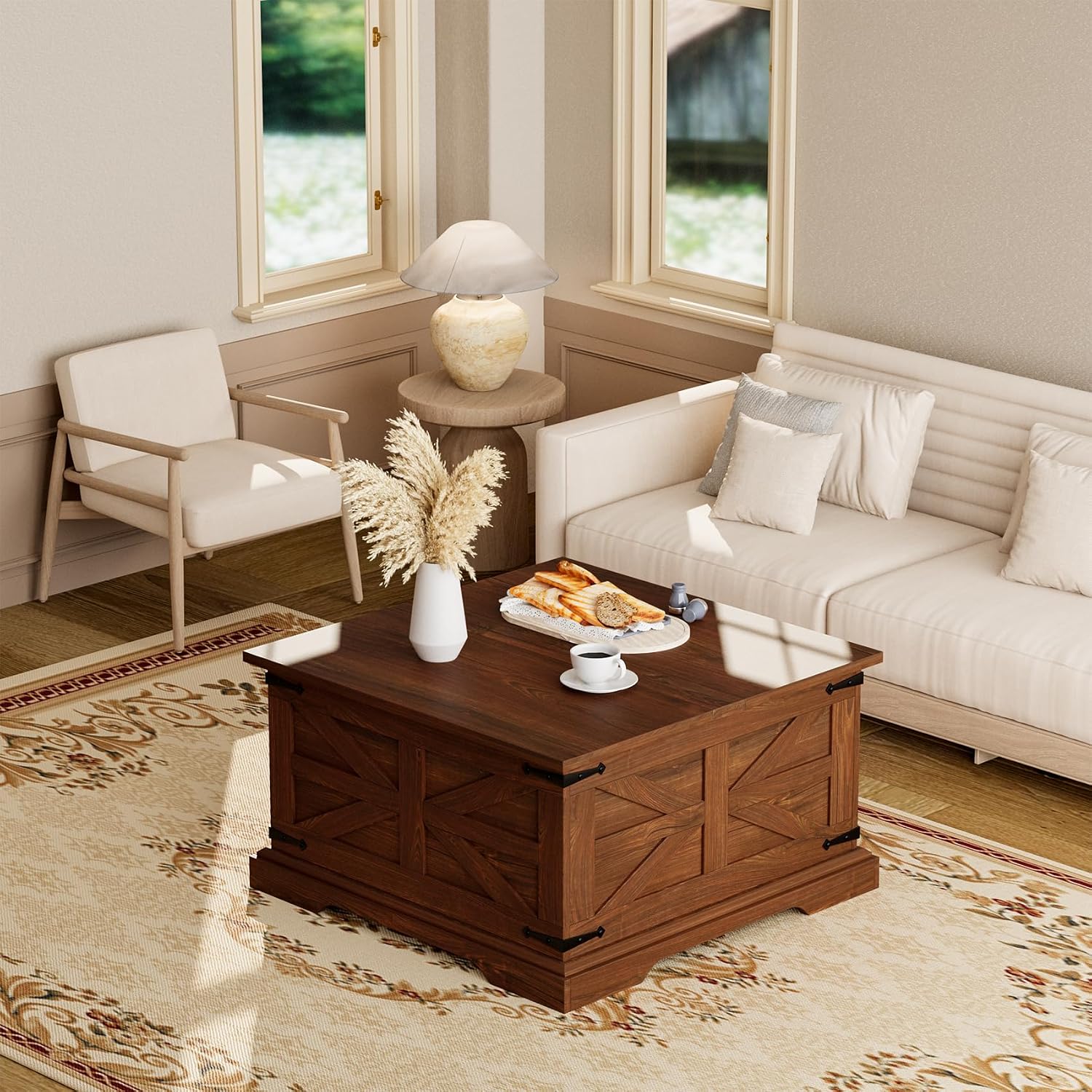Farmhouse Coffee Table with Large Hidden Storage, Square Wood Living Room Tables, Multi-Function Lift Wooden Barn Door Center Table (Cherry Wood)