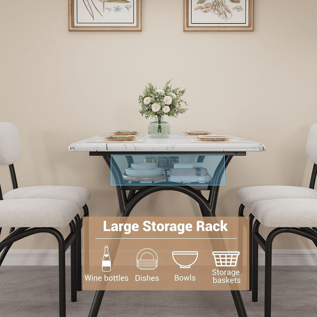 5-Piece Dining Table Set for 4, Modern Kitchen Table with 4 Boucle Chairs, Rectangular Dining Table with Storage Shelf & Marble Tabletop, Beige Home Dining Furniture for Small Space, Beige+White