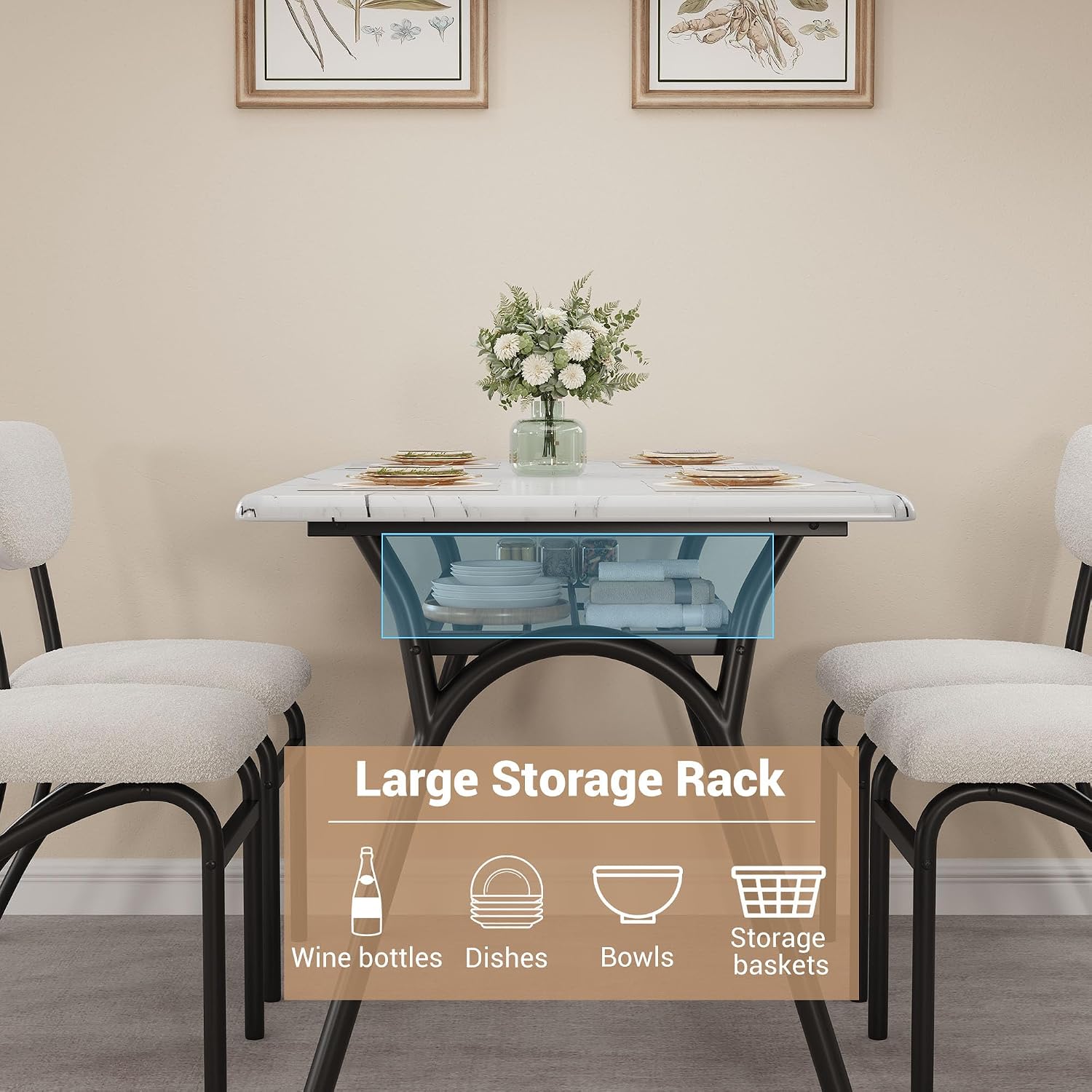 5-Piece Dining Table Set for 4, Modern Kitchen Table with 4 Boucle Chairs, Rectangular Dining Table with Storage Shelf & Marble Tabletop, Beige Home Dining Furniture for Small Space, Beige+White