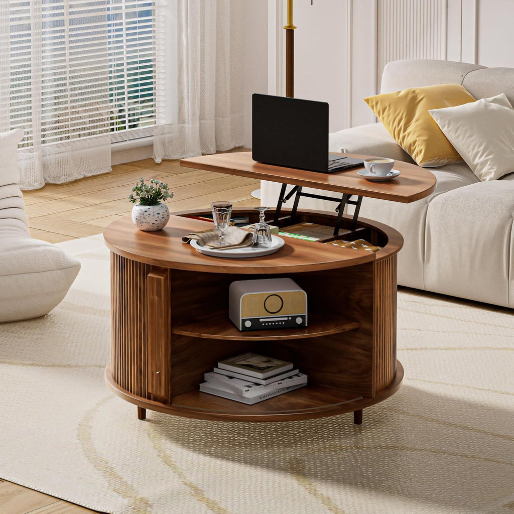 Round Lift Top Coffee Table, 31.5' Fluted Wood Lift Up Center Table with Sliding Door & Hidden Storage, Mid Century Modern Coffee Table for Living Room & Home Office (Walnut)