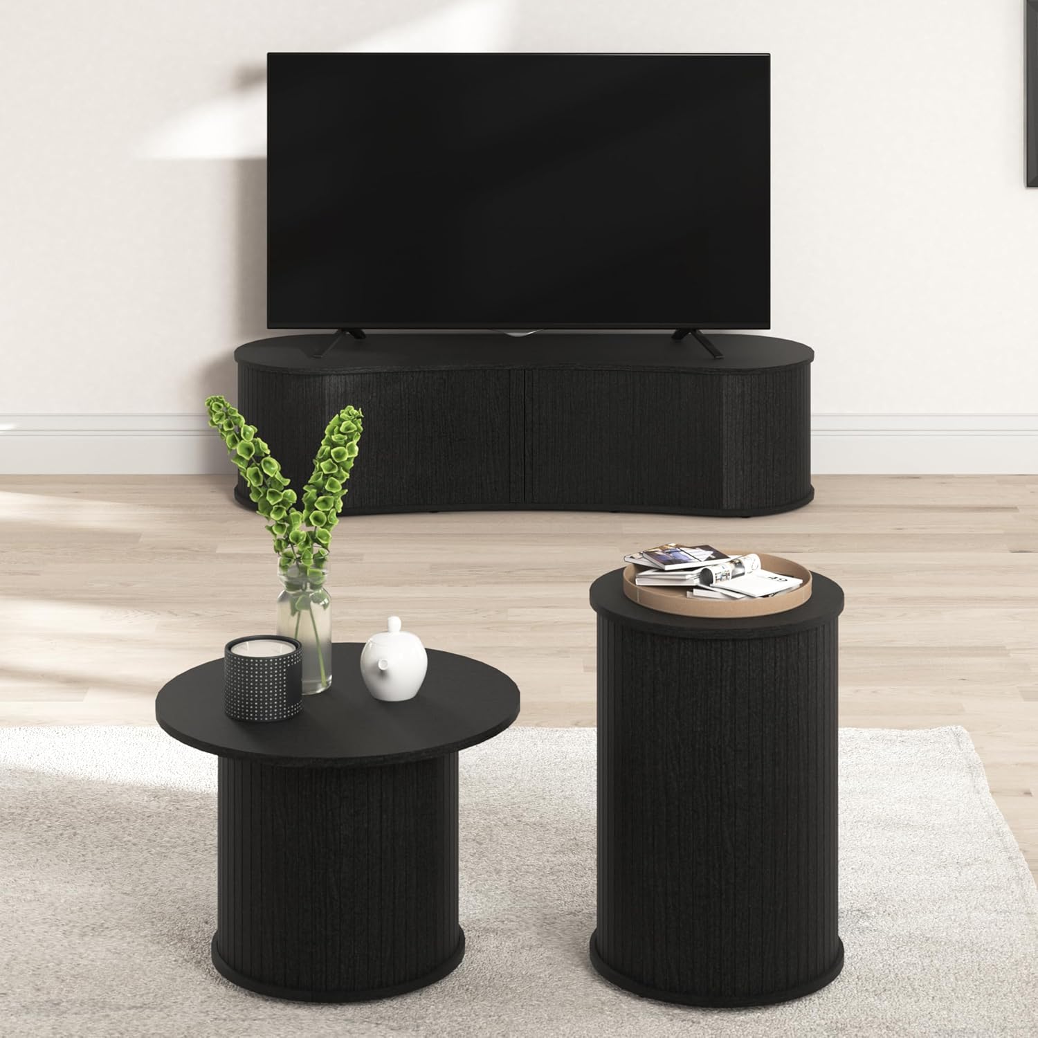 TV Stand and Coffee Table Set of 3, Living Room Table Set Fluted End Table & Coffee Table & 59' Low TV Stand with Sliding Doors for Living Room, Bedroom, No Screws Ultra Fast Assembly, Black