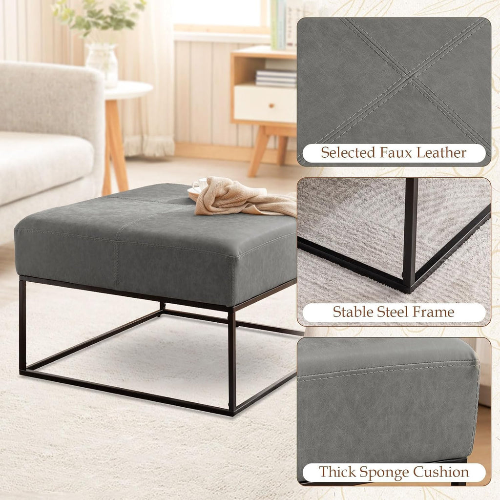 Modern Square Coffee Table, Farmhouse Ottoman for Living Room, Large Vintage Leather Coffee Tables with Leather Upholstered Padded Seat [Square, Vintage Gray, 30'']