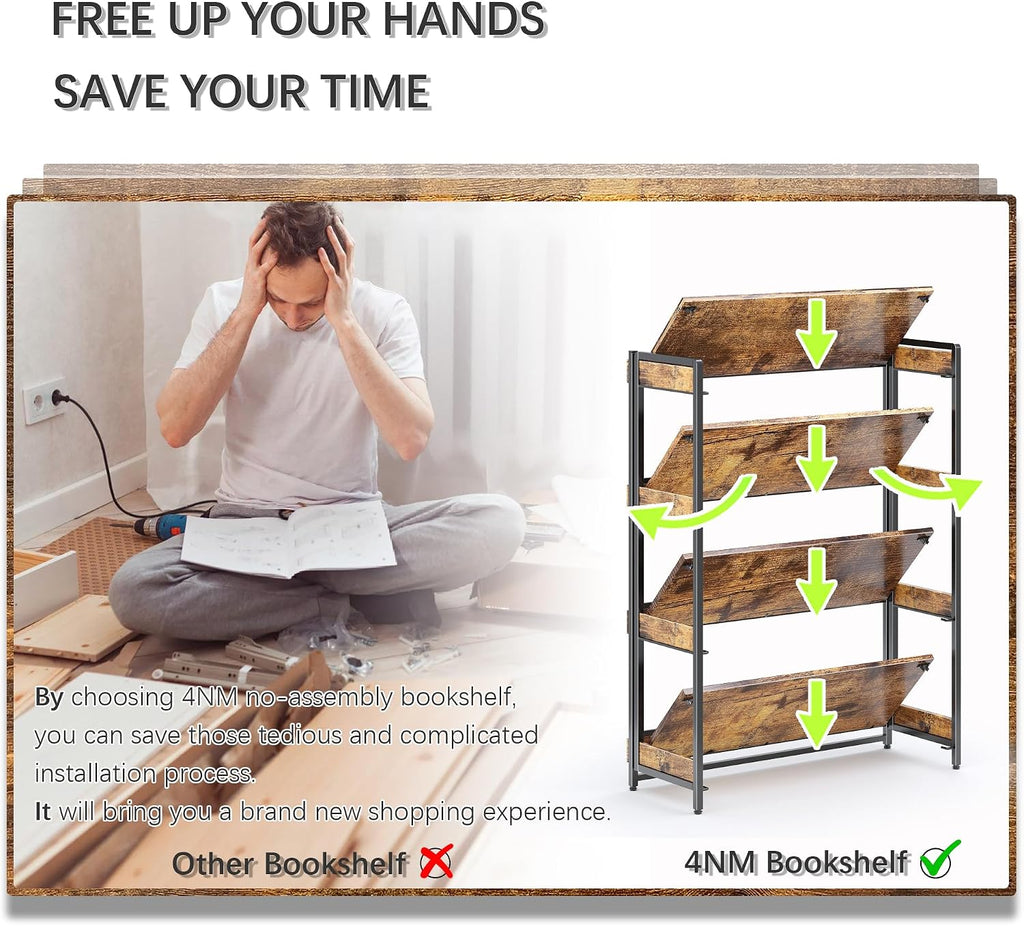 4NM Extra Wdie No Assembly Folding Bookshelf, 50.8' H x 30.9' W, 4 Tier Collapsible Book Shelf Bookcase Foldable Shelves for Bedroom Living Room Home Office - Rustic Brown & Black