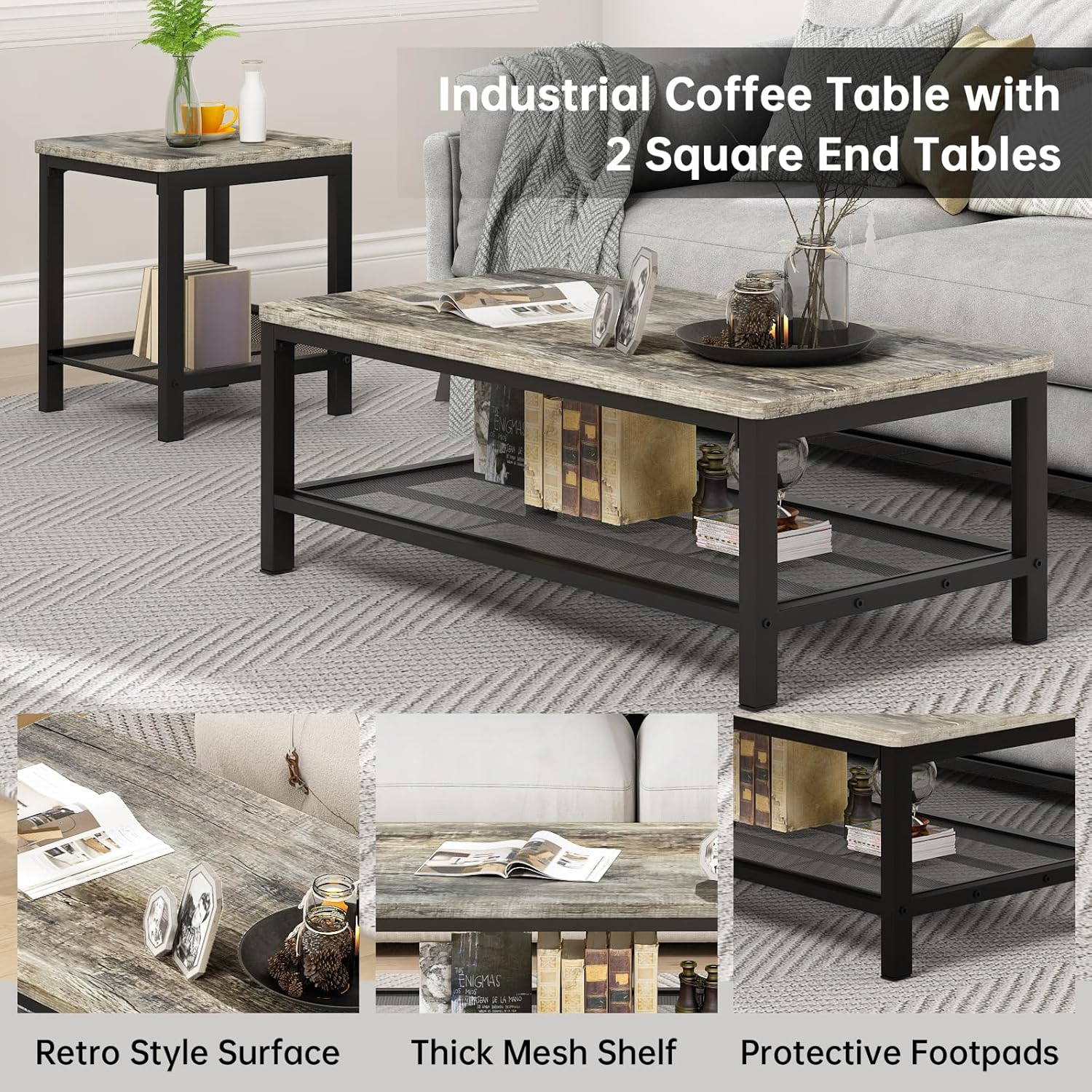 furlinkhm Coffee Table Set of 3, Industrial Coffee Table with 2 Square End Side Tables, Modern Living Room Table Set, with Metal Frame, for Apartment Home Office, Grey