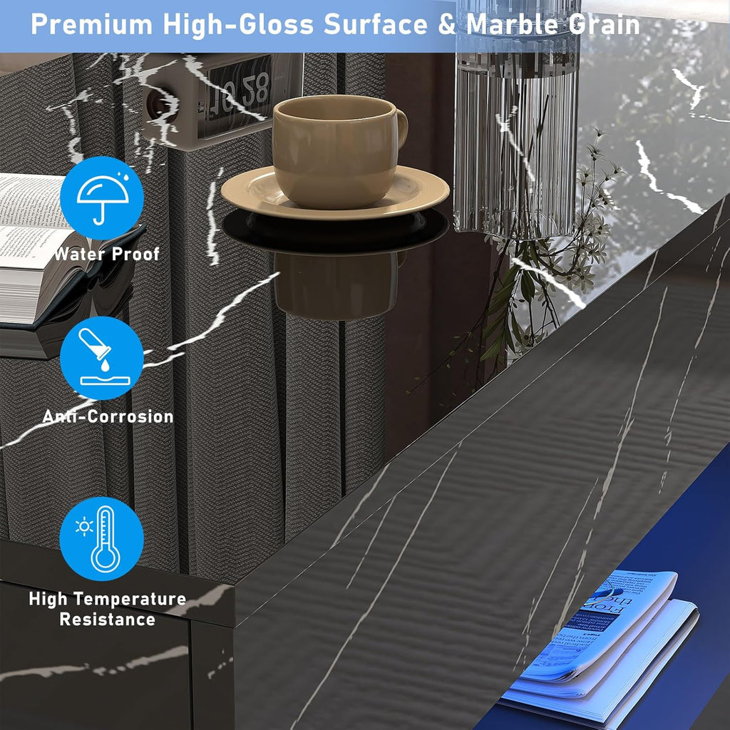 chartustriable 39.4' Large High-Glossy LED Coffee Table with 2 Sliding Drawers, Living Room Storage Coffee Tables with Marbling Print, Modern Stylish Double-Layer Center Tables w/LED Lights, Black