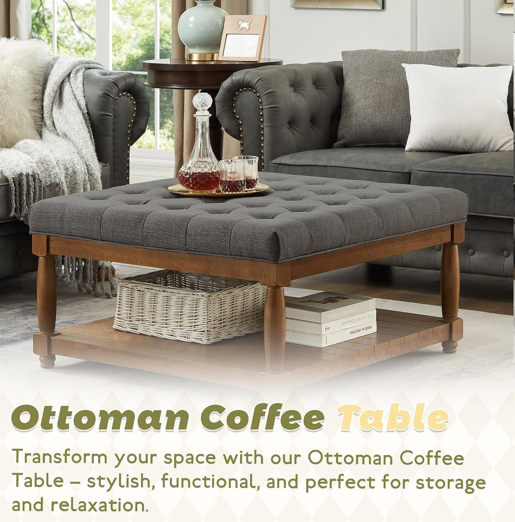 Ottoman Coffee Table, Upholstered Square Coffee Table with Storage Solid Wood Shelf, Linen Large Footrest Ottoman Pouf for Living Room, Granite