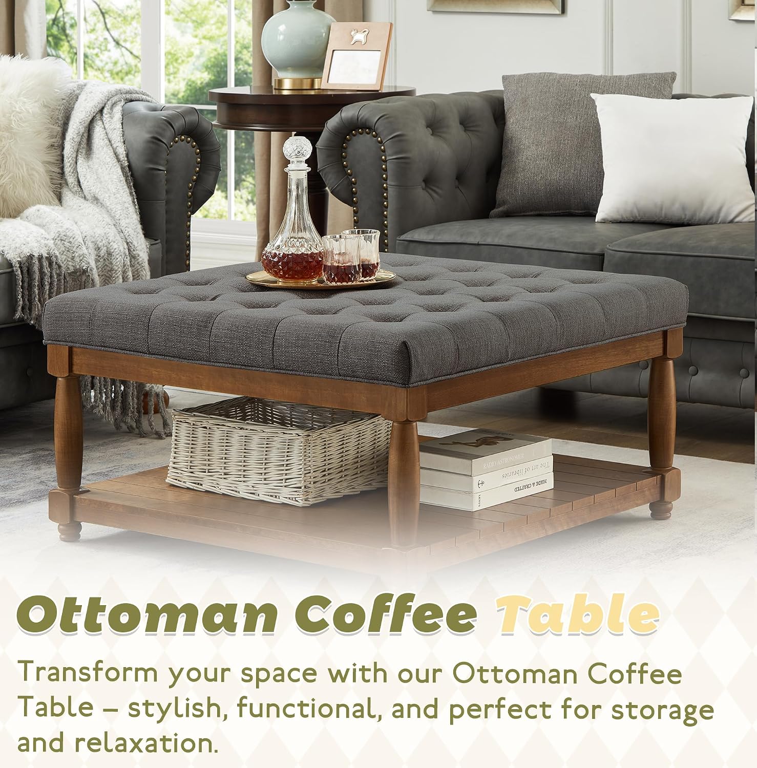 Ottoman Coffee Table, Upholstered Square Coffee Table with Storage Solid Wood Shelf, Linen Large Footrest Ottoman Pouf for Living Room, Granite