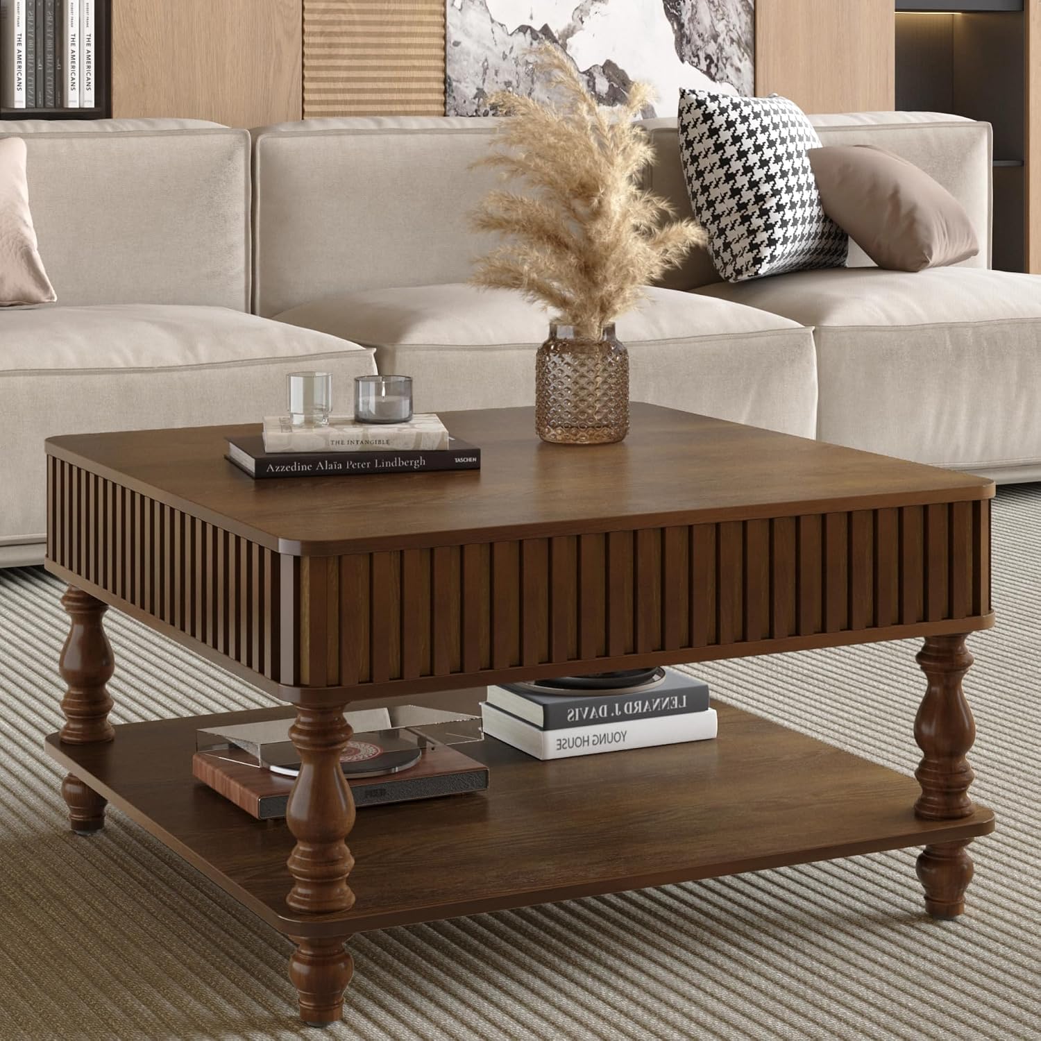 31.50' Square Fluted Lift-Top Coffee Table with Hidden & Open Storage, Modern Center Table with Hydraulic Raising Mechanism, Retro Tea Table with Solid Wood Legs for Living Room Apartment, Walnut
