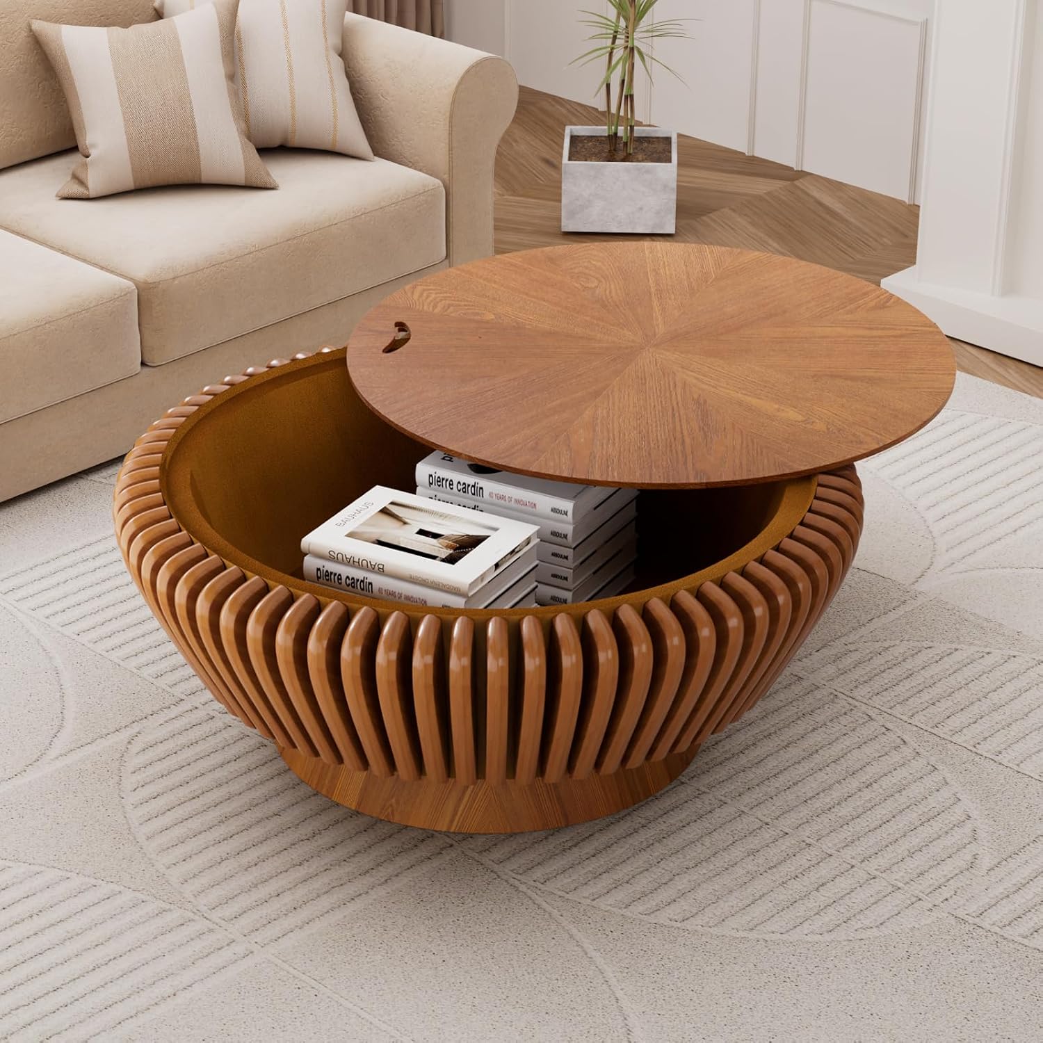 Round Coffee Table with Storage, 35.4' Modern Wooden Drum Coffee Table with Cover, Fluted Circle Center Table, Solid Wood Veneered, Accent Tea Table for Living Room Apartment Small Space (35.4 Brown)