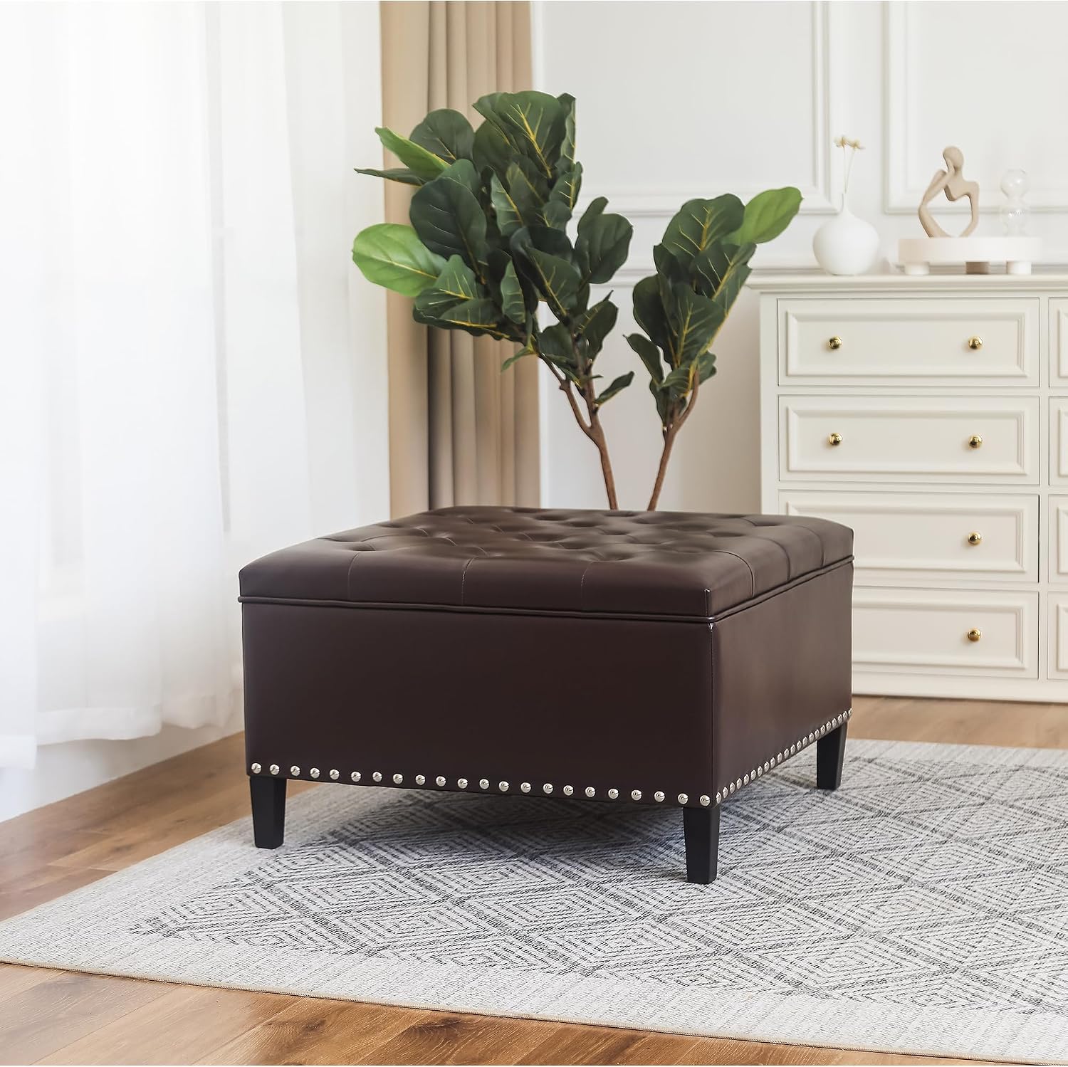 Joveco Storage Ottoman Square Leather Bench, Tufted Large Coffee Table with Wood Legs for Living Room Bedroom Entryway (Dark Brown)