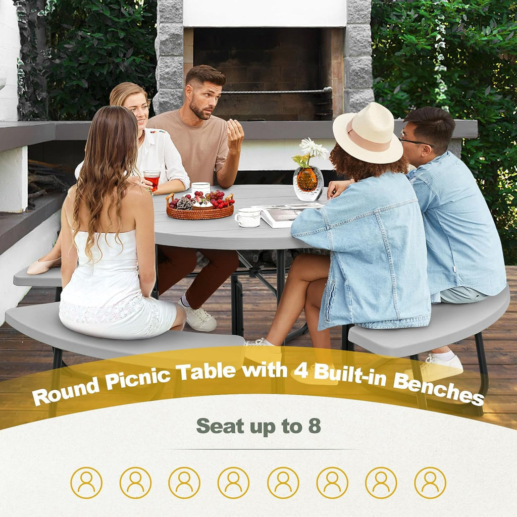 Tangkula 8 Person Picnic Table, Outdoor Round Picnic Table with 4 Built-in Benches, Umbrella Hole, Metal Frame & HDPE Tabletop, Outside Table and Bench Set for Backyard, 2300lbs Weight Capacity