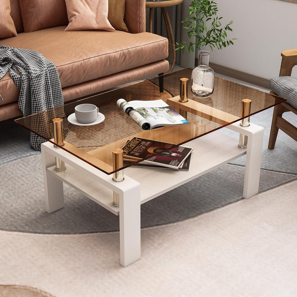 Glass Coffee Table Rectangle Living Room Center Table, with Brown Tempered Glass Tabletop and White MDF Layer,for Living Room and Office, Brown Glass+White