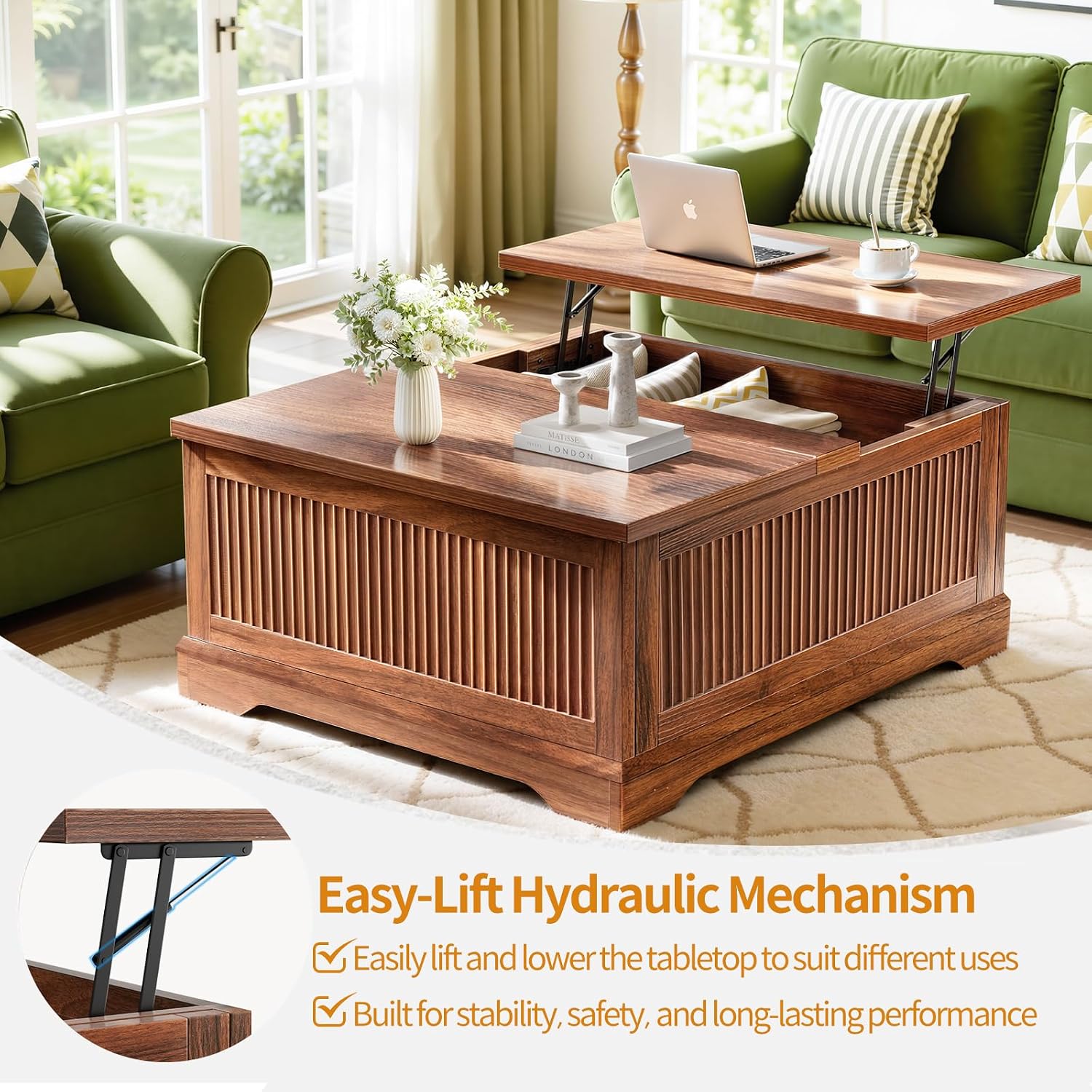 Memobarco Lift Top Coffee Table with Storage, Fluted Coffee Tables with Lifting Top, Modern Farmhouse Square Center Table for Living Room, Home Office, with Hidden Compartment, Flip-Up Lids, Walnut