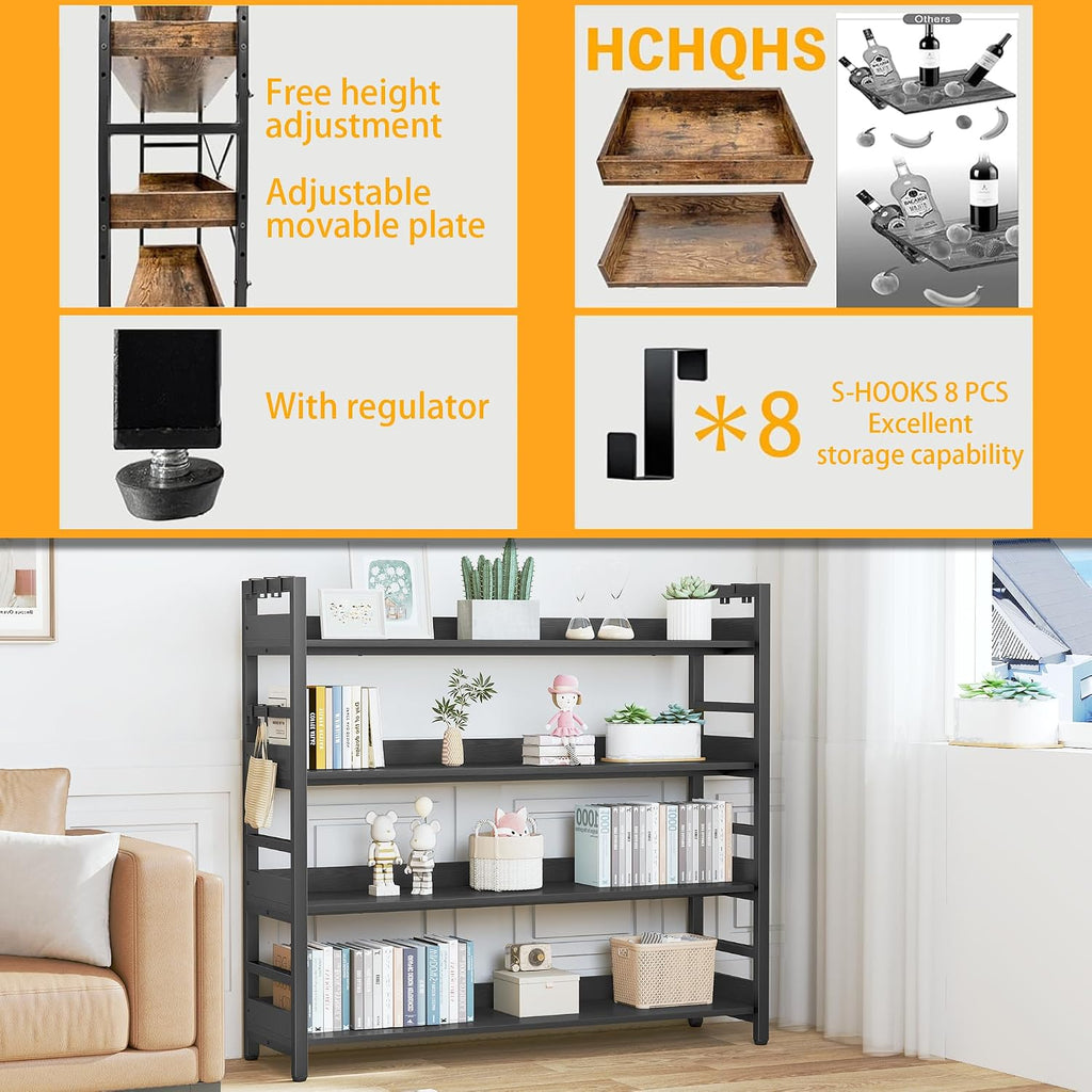 HCHQHS Bookshelf, Adjustable Industrial Bookcase, Vertical Tall Book Shelf, Wood and Black Metal Open Bookshelves for Home Office, Living Room, Bedroom (Black, 4-Tier (47' W x 44' H))