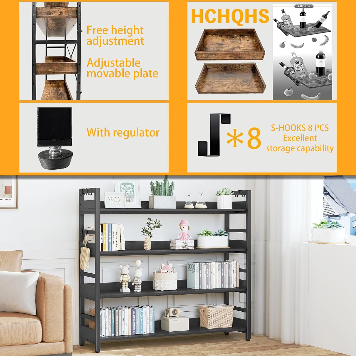 HCHQHS Bookshelf, Adjustable Industrial Bookcase, Vertical Tall Book Shelf, Wood and Black Metal Open Bookshelves for Home Office, Living Room, Bedroom (Black, 4-Tier (47' W x 44' H))