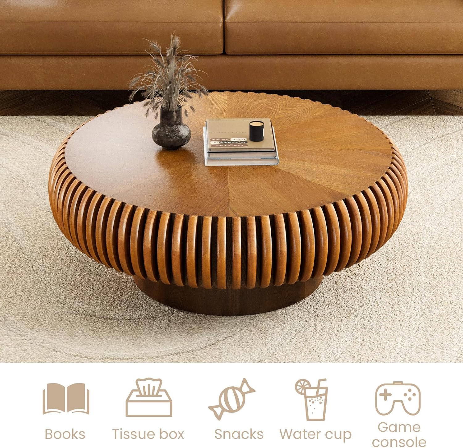 Fluted Drum Coffee Table Round Coffee Table for Living Room Mid Century Modern Coffee Tables with Sturdy Pedestal Circle Center Tea Table Accent Tea Table for Small Space Apartment (31.5' Brown)