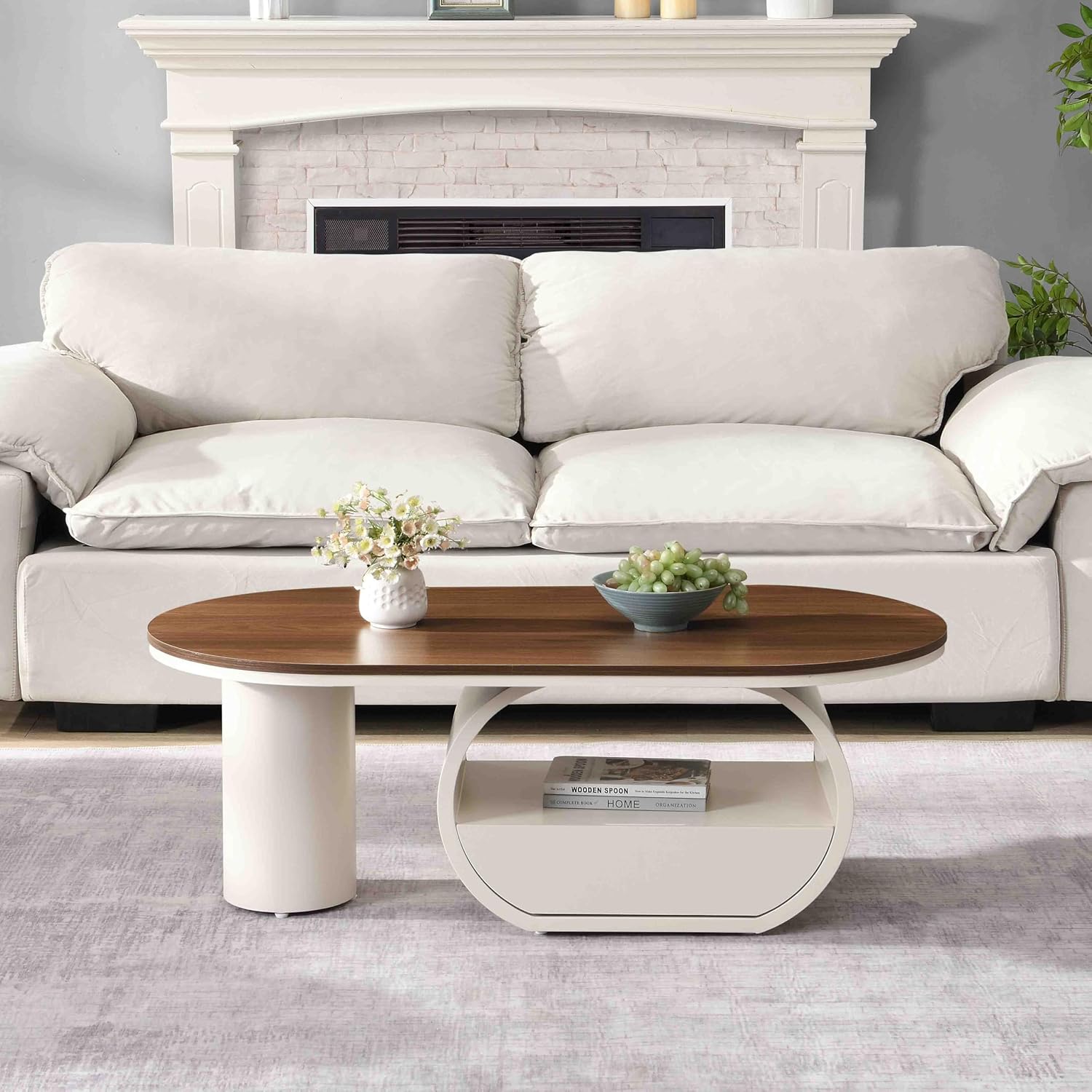 Luxury Oval Coffee Table, 47'' Modern Living Room Table with Storage Drawer, Wooden Wulnut MDF Top Sturdy Metal Base Beige White, Large Center Tables for Home Apartment