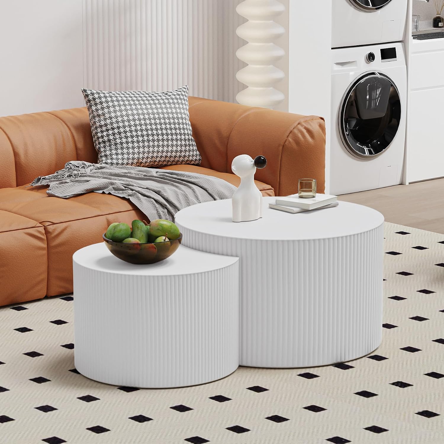 Round Coffee Table Set of 2 Modern Nesting Coffee Tables Wooden Drum Coffee Tables with Non-Slip Feet, Circle Nesting Tables End Table for Living Room Office, No Assembly (Cream 18.9'+14.96')
