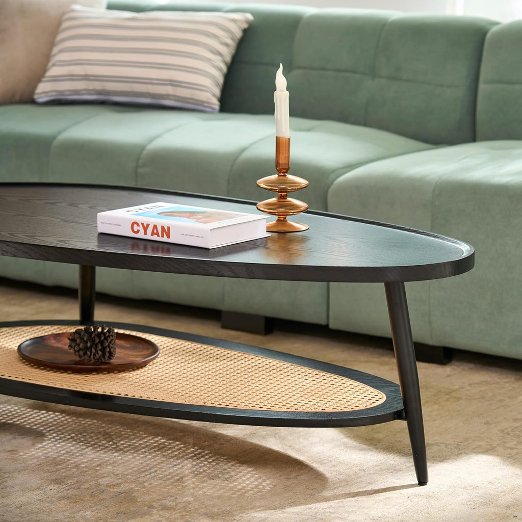 AGV LIGHTING Oval Coffee Table with Storage Shelf, 47' Mid Century Modern Coffee Table for Living Room, Black Wood Finish MDF Top with Rattan Shelf