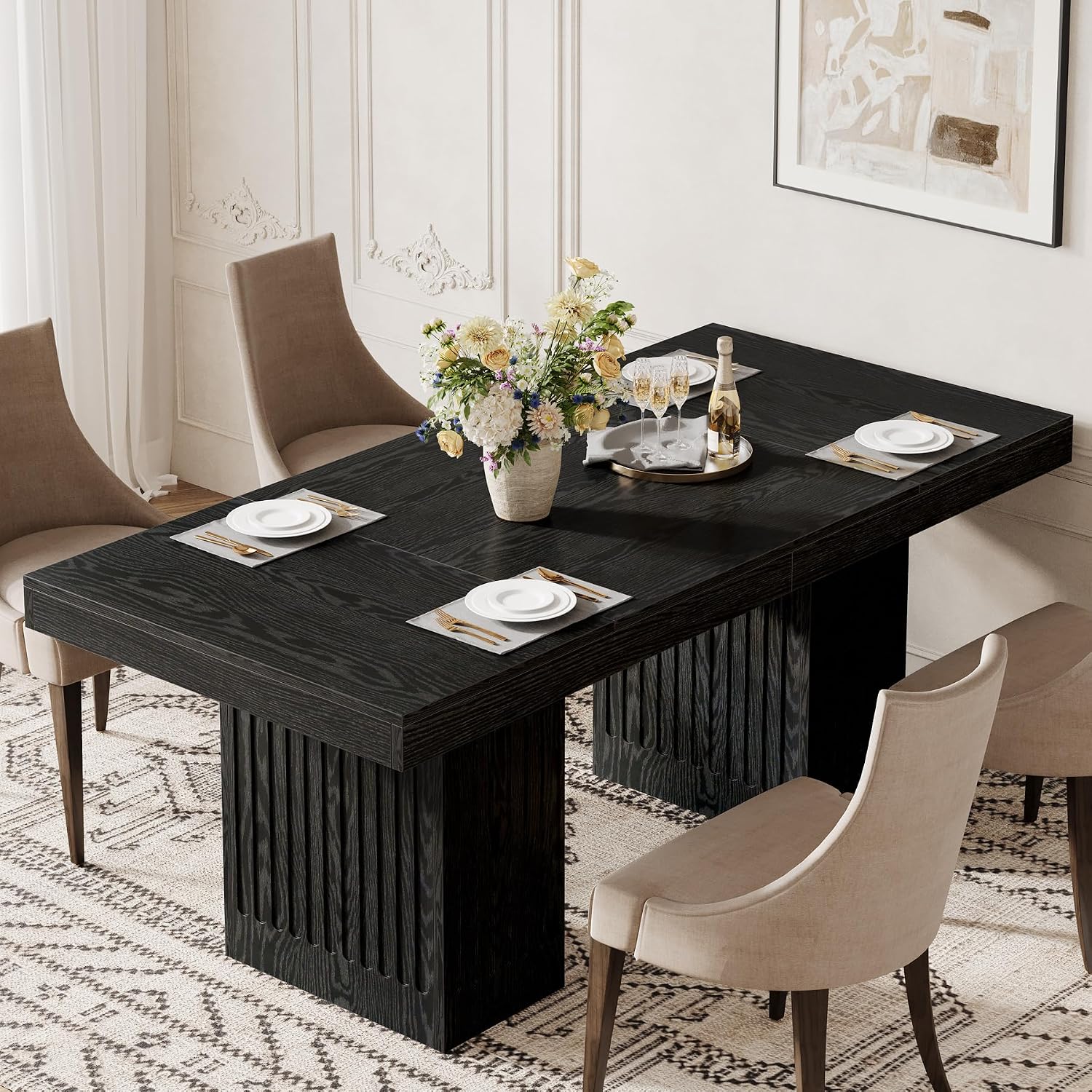 Tribesigns Dining Table for 4-6 People, 63 Inch Modern Rectangle Kitchen Table with Pedestal Base, Large Dinner Furniture for Dining Room, Kitchen, Living Room, Black