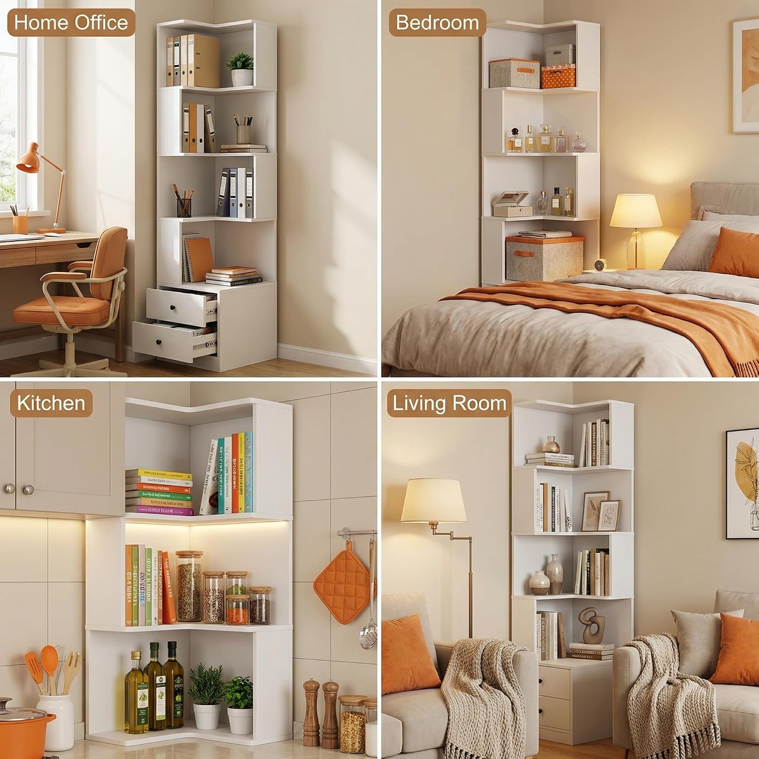 4 Tier Corner Bookshelf with Drawers, L Shaped Freestanding Corner Bookcase with LED Lights and Baffle, Space Saving Display Shelf for Living Room, Bedroom, Home Office, Kitchen(White)