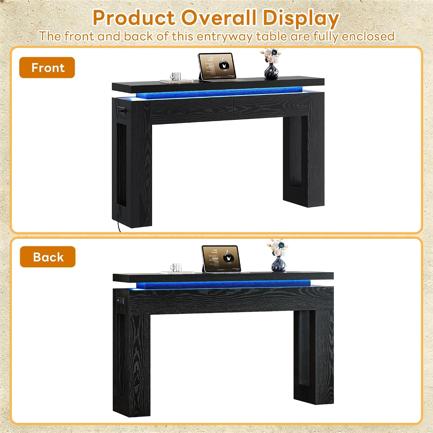 LIKIMIO Console Table with Drawers, Modern Entryway Table with LED Lights and Charging Station, Narrow Sofa Table with Storage Behind Couch for Entrance, Hallway, Living Room, Black