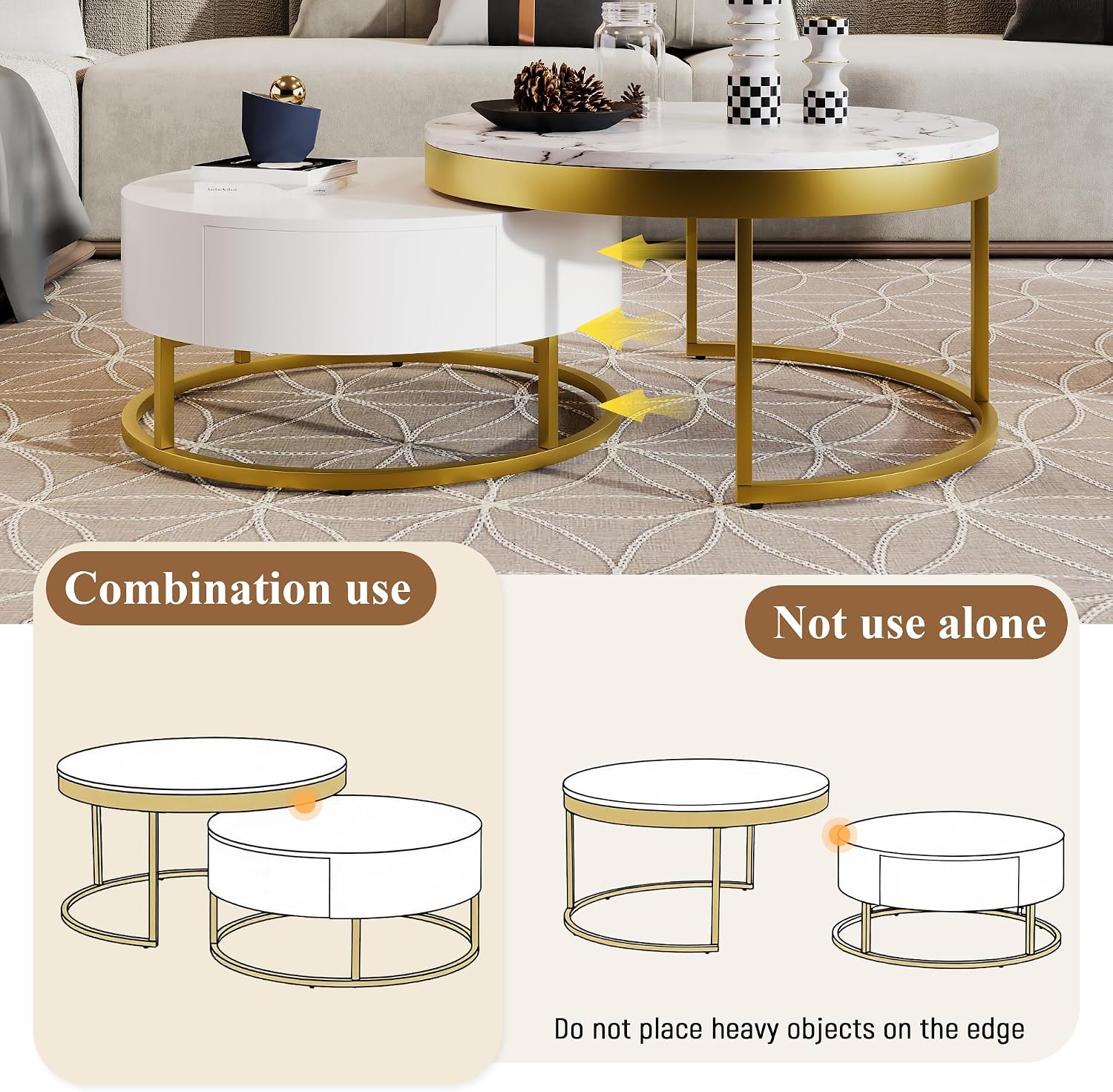 Modern Round Nesting Coffee Table with Drawers for Living Room for Living Room in White