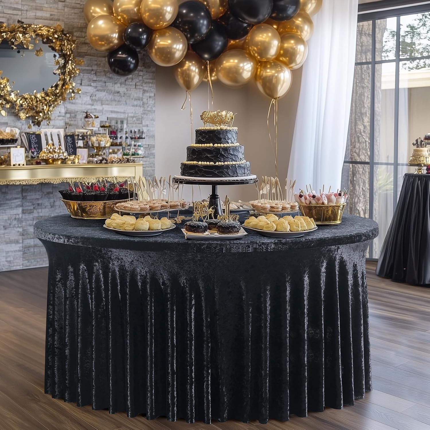 6 Pack Black Velvet Round Tablecloths for 60 inch Table, Wrinkle Free Stretchy 120 inch Spandex Fitted Round Table Cloths Covers Washable Clothes for Wedding Birthday Parties Banquet