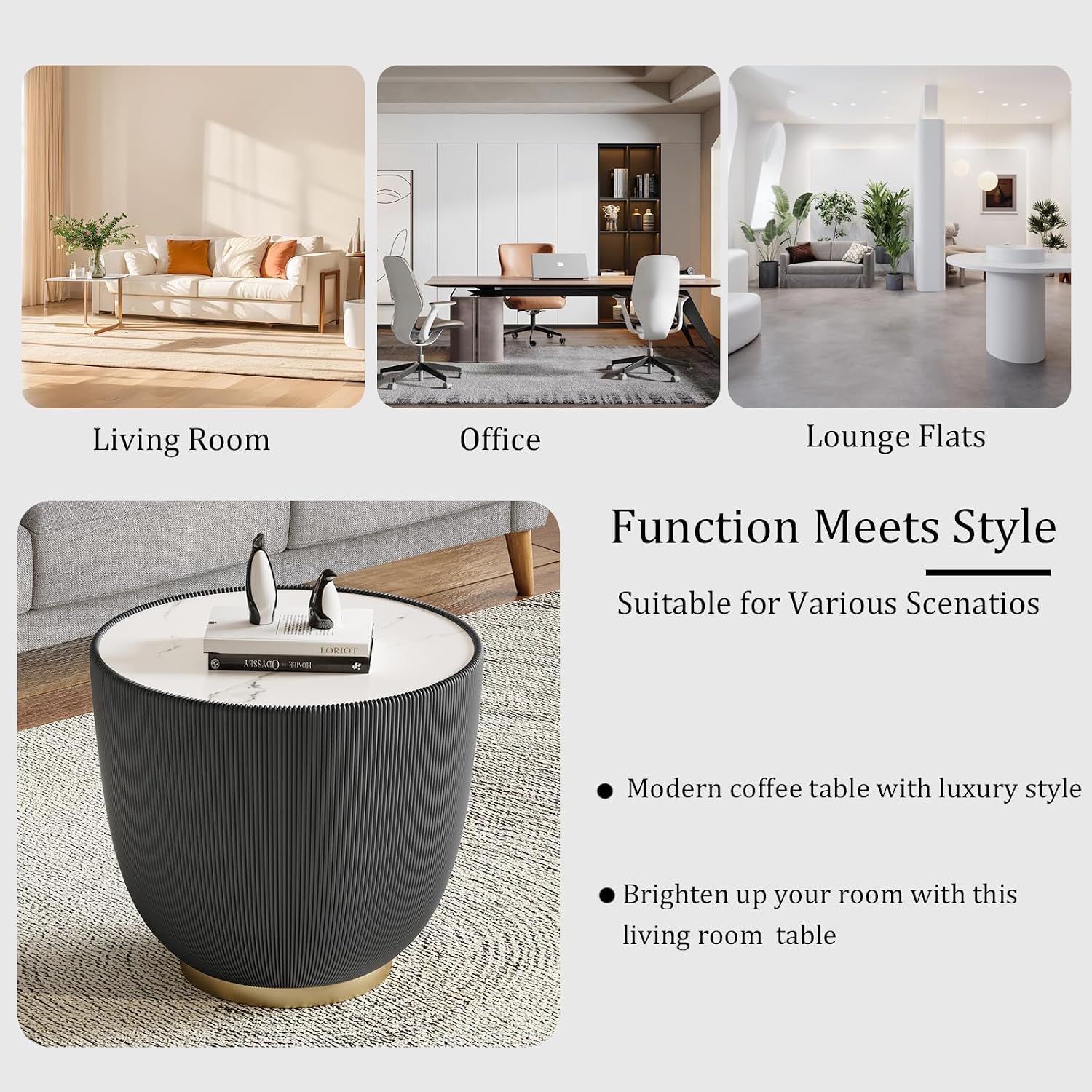 Round Coffee Table Set with Sintered Stone Tabletop, 27.56' Black Drum Center Table and 19.69' Grey Coffee Table Set, 2 Pieces Living Room Table Set with Fluted PU Leather Cover& Metal Base