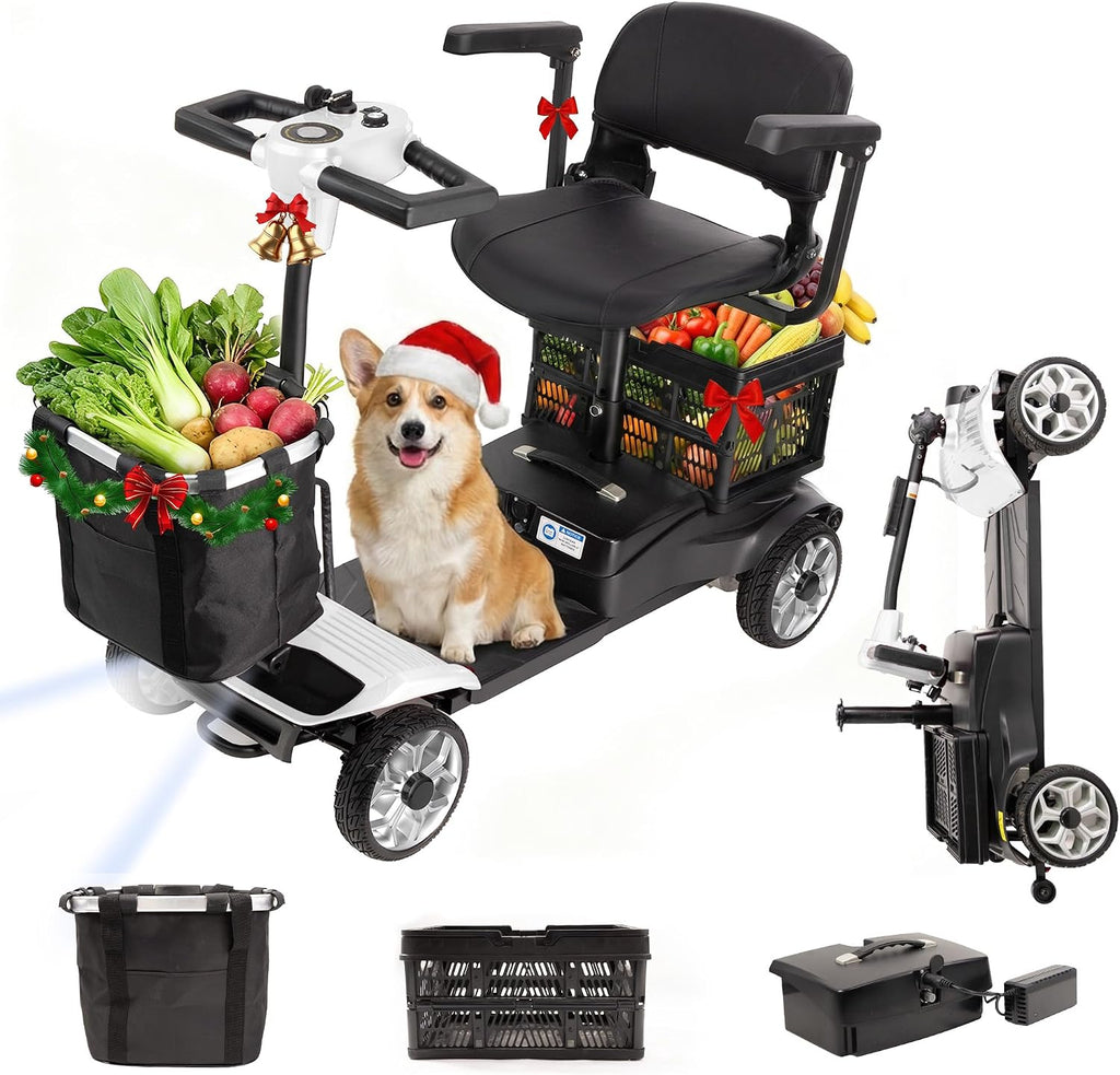 Electric Scooter for Adults & Seniors - Light Weight Mobility scooter with Auto Braking Adjustable Seat Removable Battery, Portable Foldable, 15 Mile Range, 330lb Capacity, Dual Basket, White
