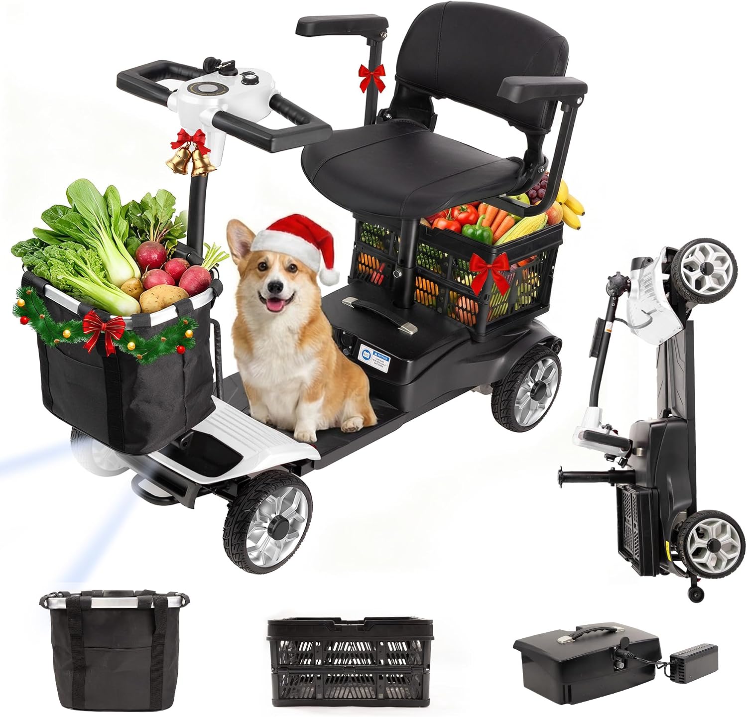 Electric Scooter for Adults & Seniors - Light Weight Mobility scooter with Auto Braking Adjustable Seat Removable Battery, Portable Foldable, 15 Mile Range, 330lb Capacity, Dual Basket, White