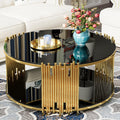 Modern Round Coffee Table, Luxury Black Gold Glass Coffee Table, 36' Center Table Living Room Table, Gold Stainless Steel Irregular Leg, Double-Layer Structure, Black Glass Desktop