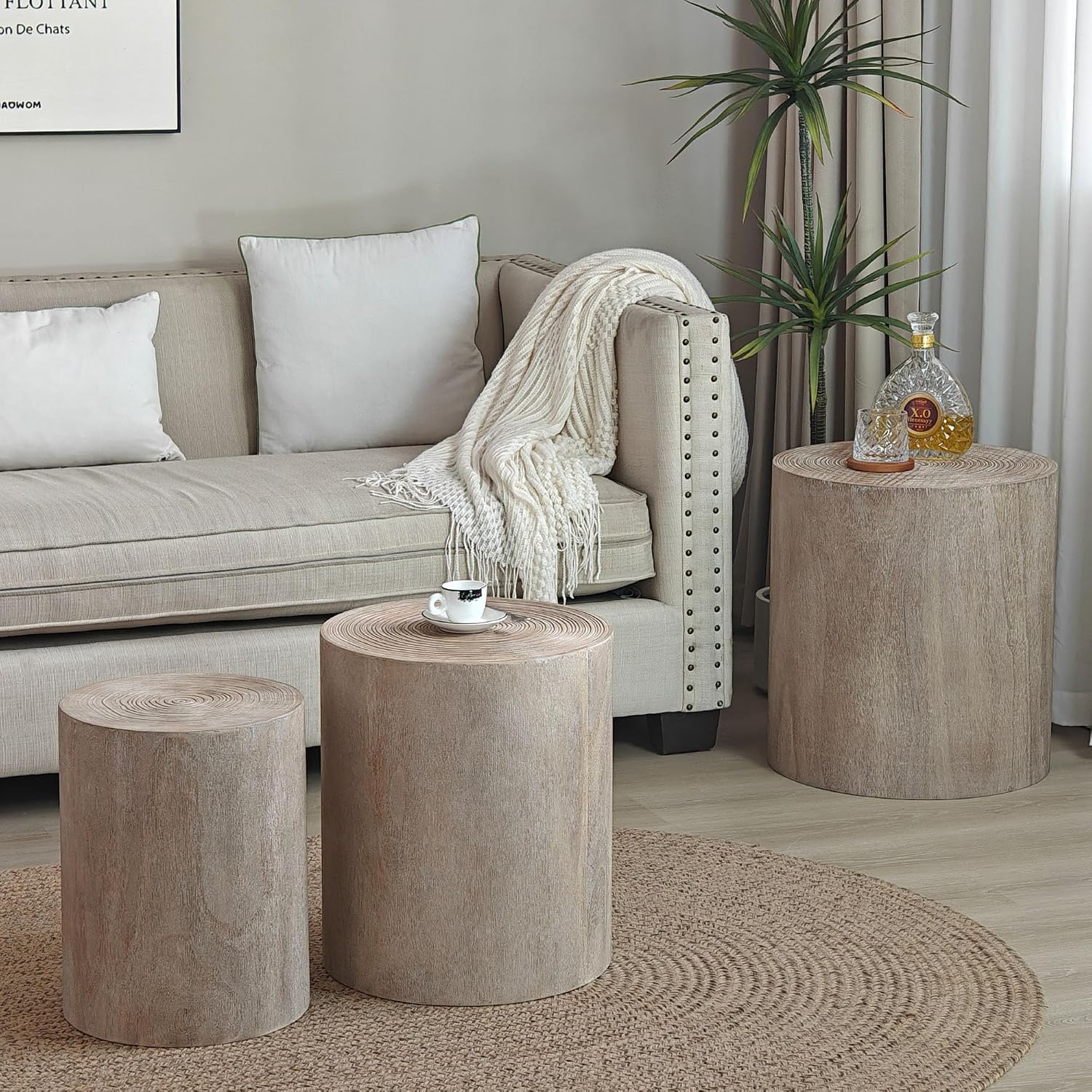 WILLIAMSPACE Round Nesting Coffee Table Set of 3, Modern Wood Coffee Tables Accent Circle Side Table for Living Room, Farmhouse, No Assembly, 18.3' + 15.2' + 12.2' (Natural Wood Wash)