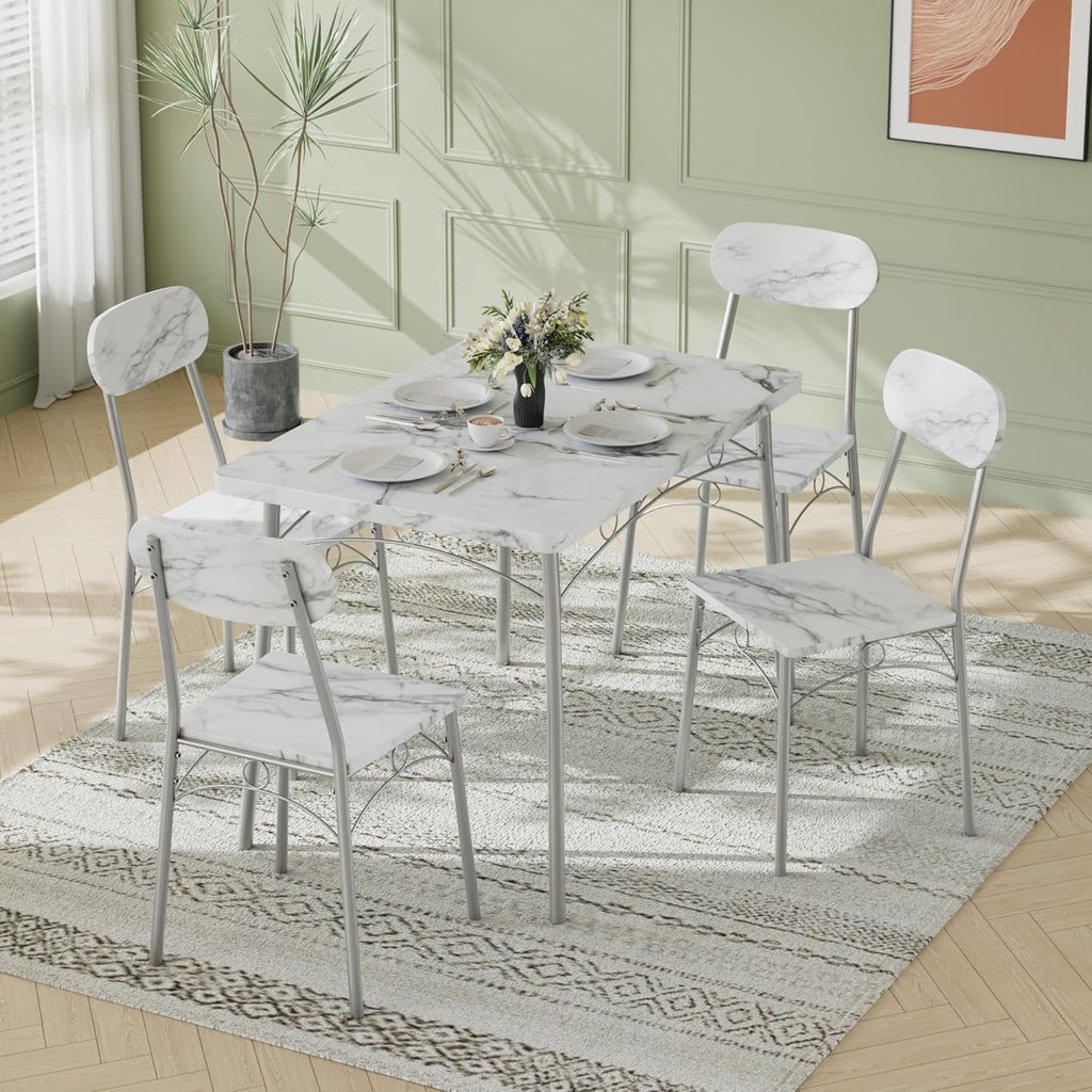VECELO Dining Table Set for 4, 5-Piece Kitchen Table with 4 Chairs, MDF Board Tabletop with Metal Frame for Small Space, Compact Dinette, Breakfast Nook, Marble White