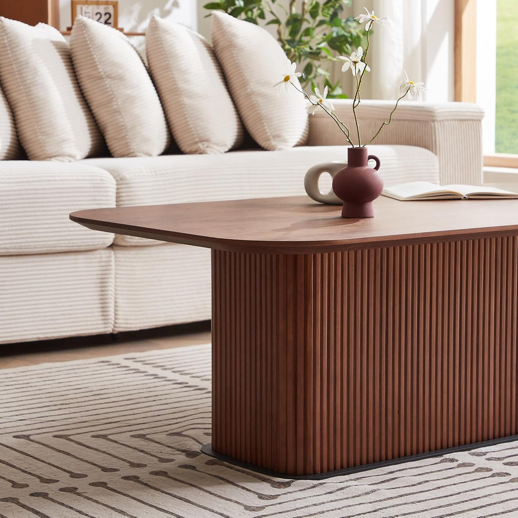 Coffee Table, Modern Wooden Coffee Table Rectangle Center Table with Solid Wood Veneered, Walnut