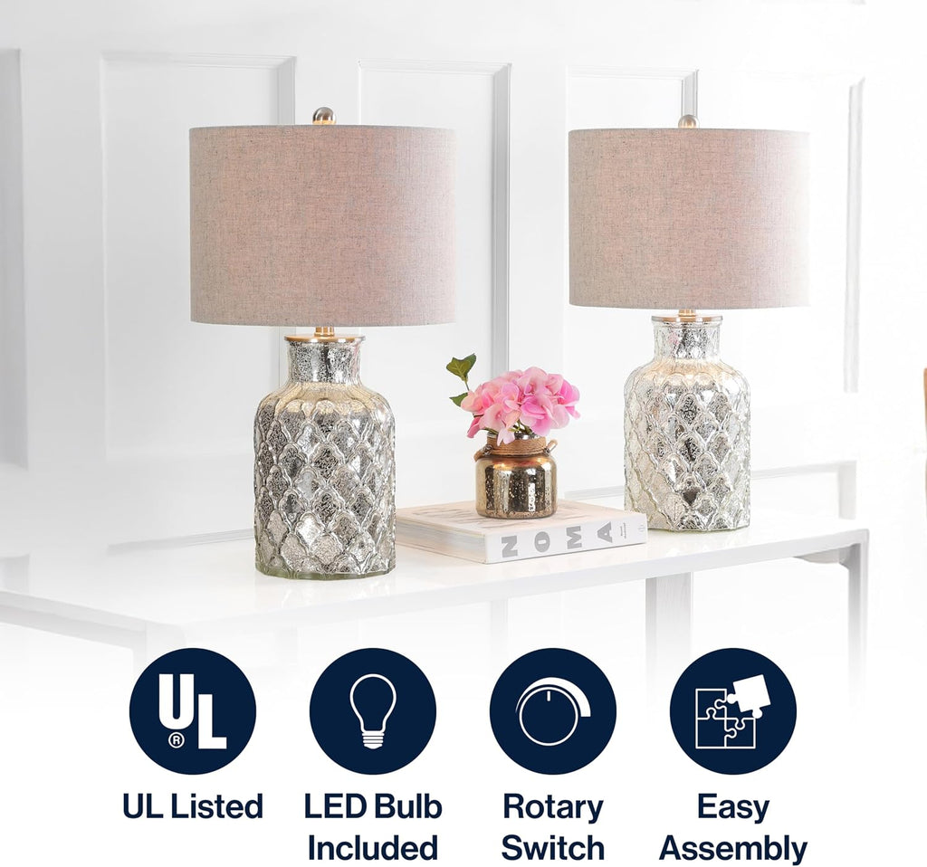 JONATHAN Y 24.5' Alvord Mercury Silver Quatrefoil Glass Table Lamp Set of 2, Contemporary Nightstand Lamps with Grey Linen Drum Shade, UL Listed, LED Bulbs Included JYL1075A-SET2
