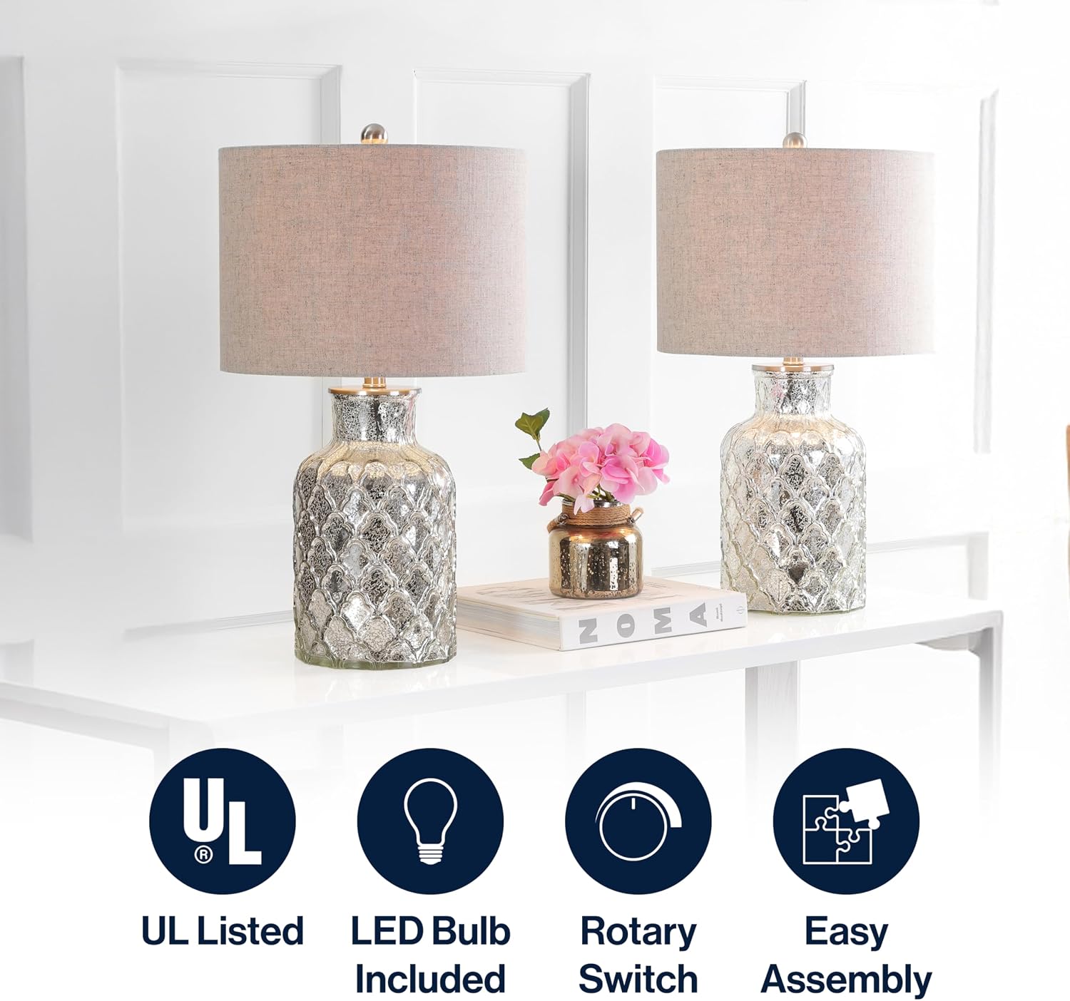 JONATHAN Y 24.5' Alvord Mercury Silver Quatrefoil Glass Table Lamp Set of 2, Contemporary Nightstand Lamps with Grey Linen Drum Shade, UL Listed, LED Bulbs Included JYL1075A-SET2