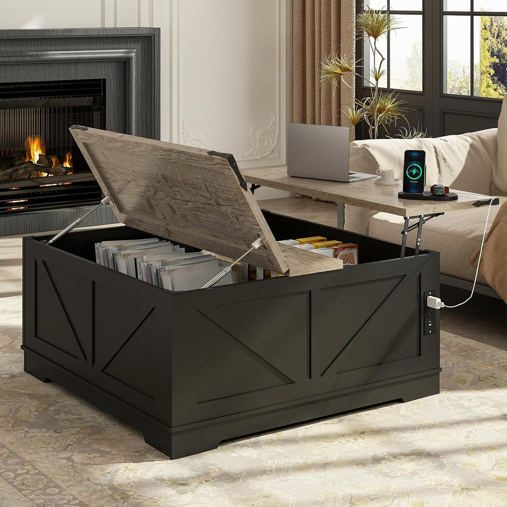 EAG 40' Large Farmhouse Lift Top Coffee Table with Hidden Compartment & Power Outlets, Square Wooden Coffee Table with Multi-Function Flip-Top Ample Storage Center Table for Living Room, Black