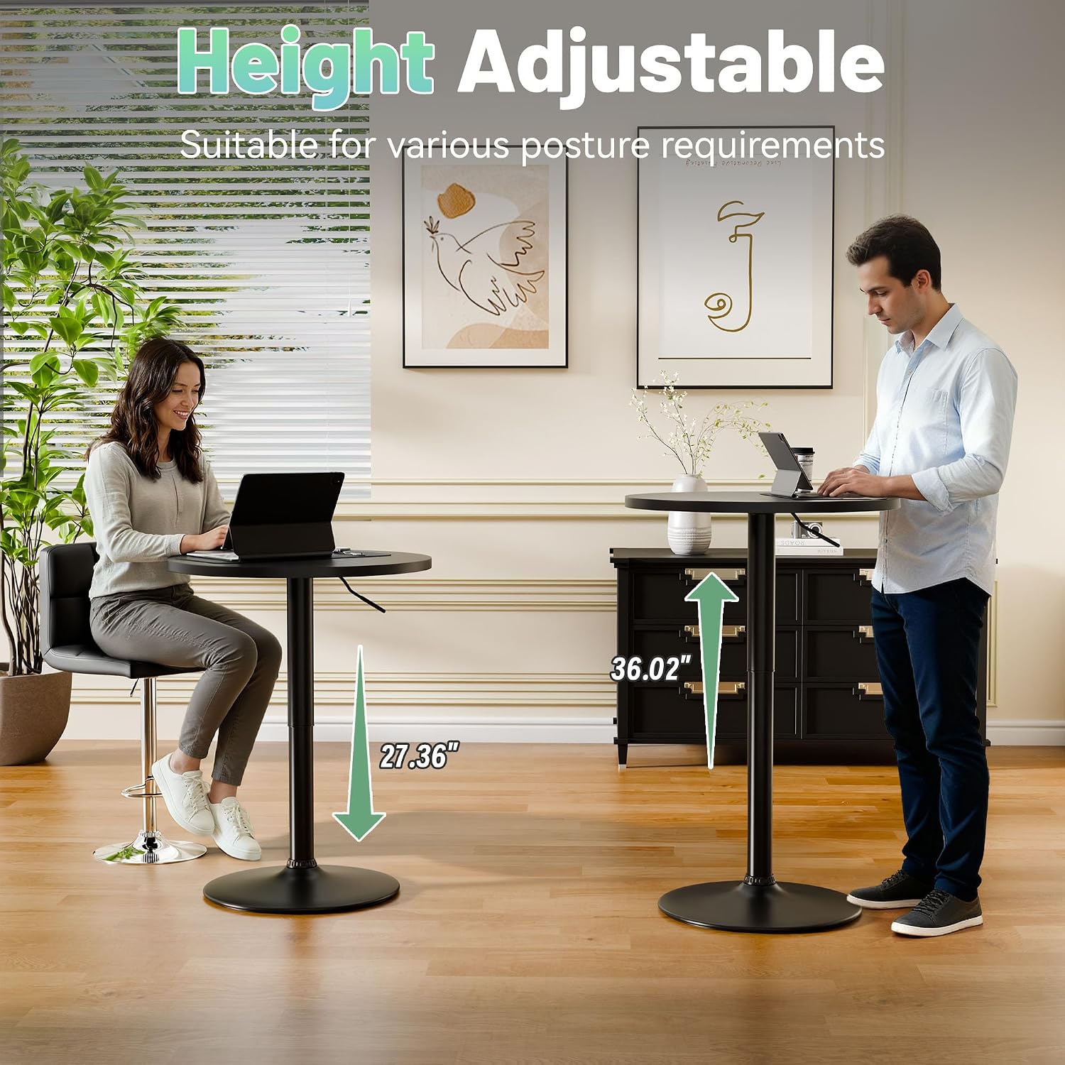 Furmax Bistro Pub Table Height Adjustable Round Bar Table 27.4-36 Inches, 360°Swivel Cocktail Table for Dining Room, Party, Café (4, Black)