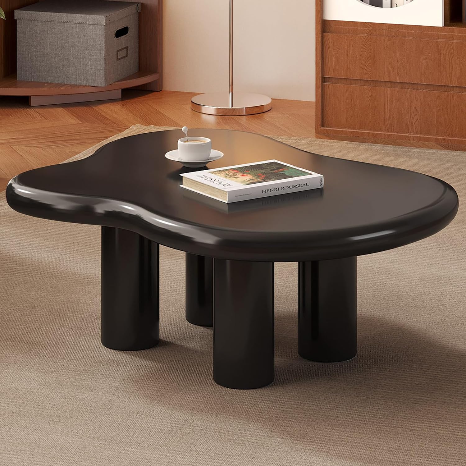 35.43' Cloud Shape Coffee Table, Modern Round Edge Black Coffee Table with 4 Sturdy Support Legs and 2.28' Thick Tabletop for Living Room, Bedroom
