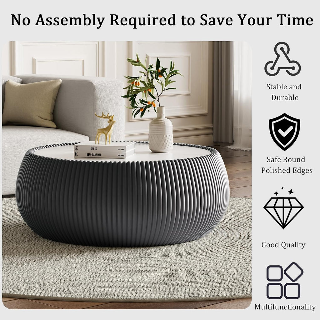 Grey Round Coffee Table with Sintered Stone Tabletop, 27.55' Drum Coffee Table with Fluted PU Leather Covered and Stable Base, Circle Cocktail Tea Table for Living Room