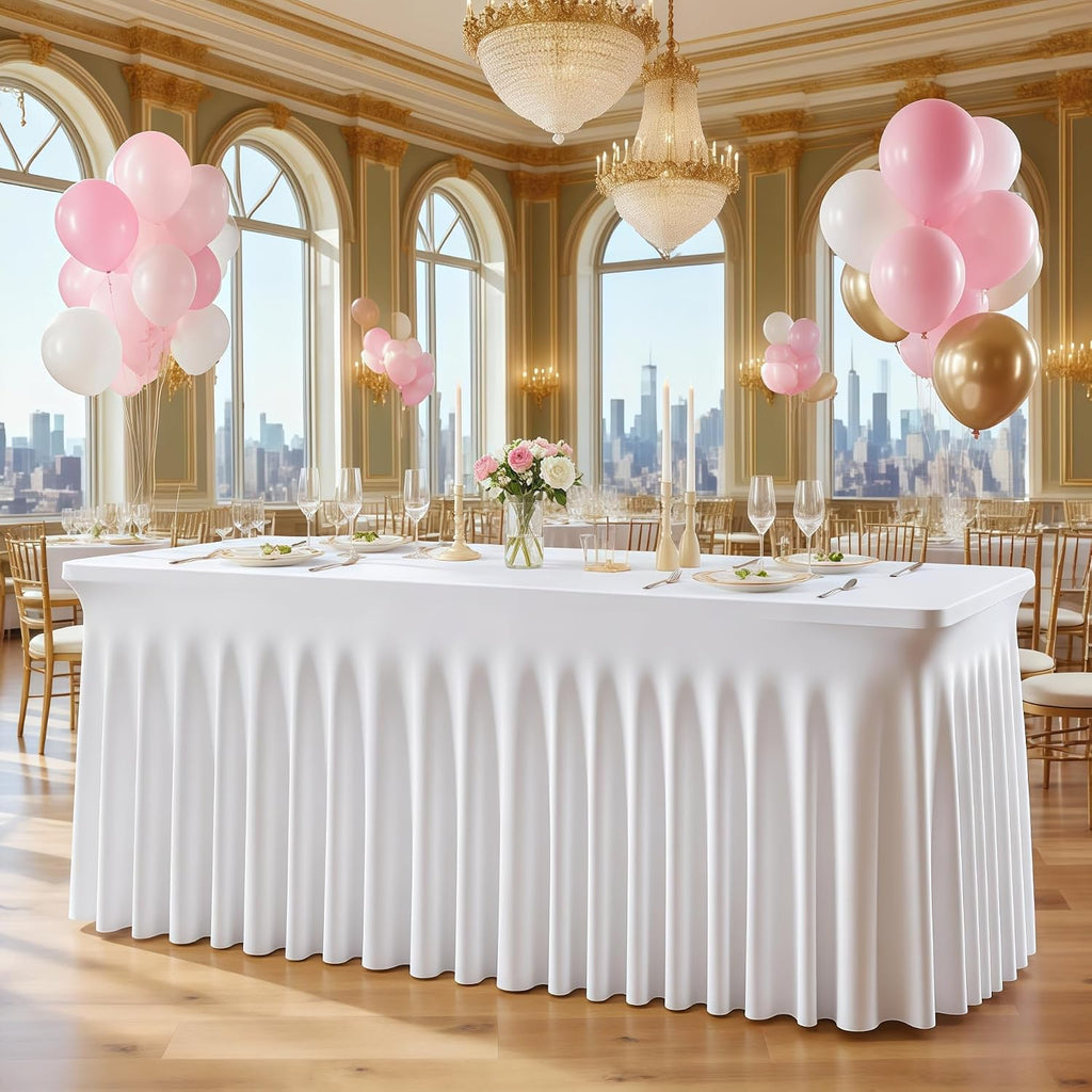 6 Pack White Spandex Fitted Tablecloth 8 Foot - Stretch Table Clothes for 8 FT Rectangle Table, Washable Ruffles Elastic for Weddings, Buffet, Banquet, Trade Craft Show, Party Celebration