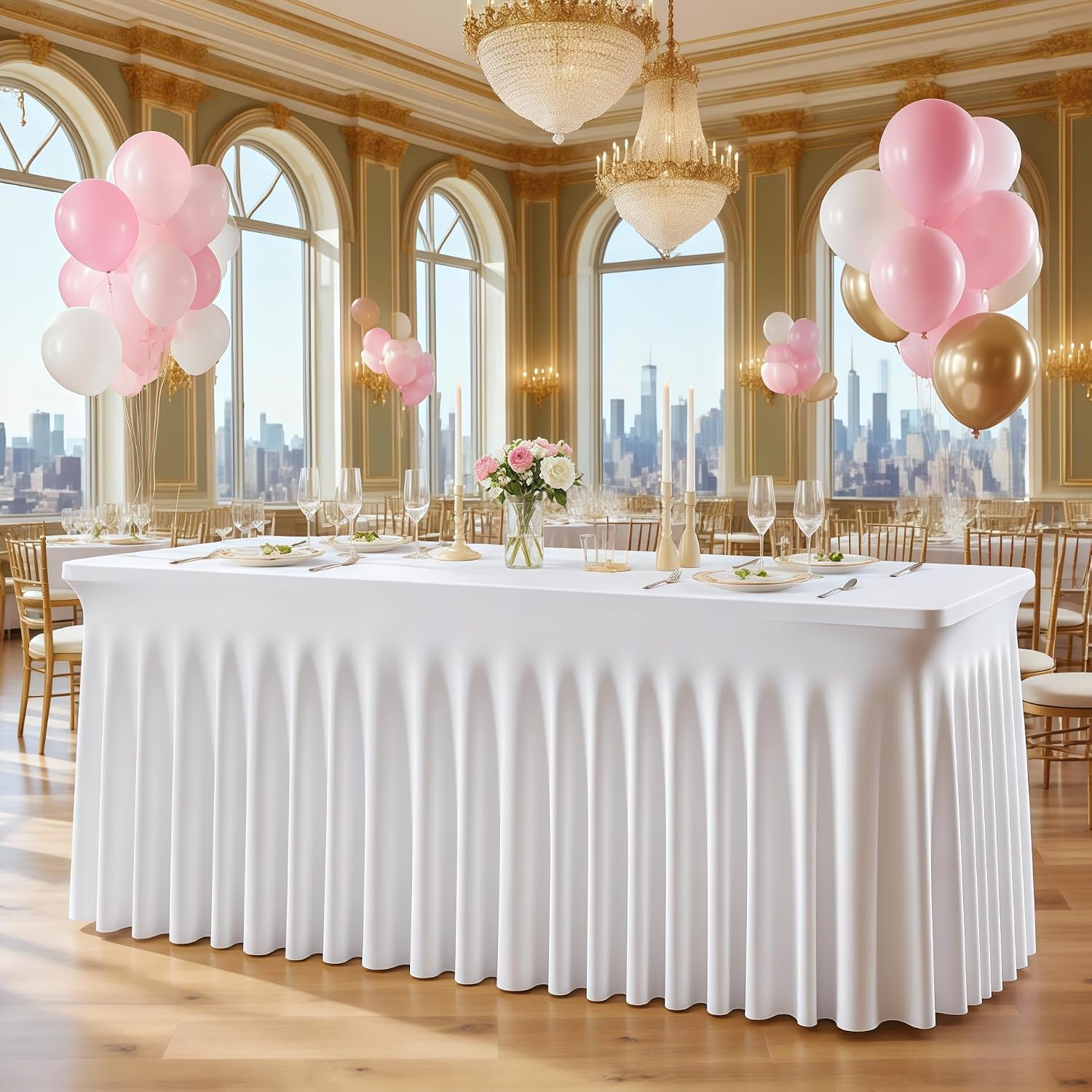 6 Pack White Spandex Fitted Tablecloth 8 Foot - Stretch Table Clothes for 8 FT Rectangle Table, Washable Ruffles Elastic for Weddings, Buffet, Banquet, Trade Craft Show, Party Celebration