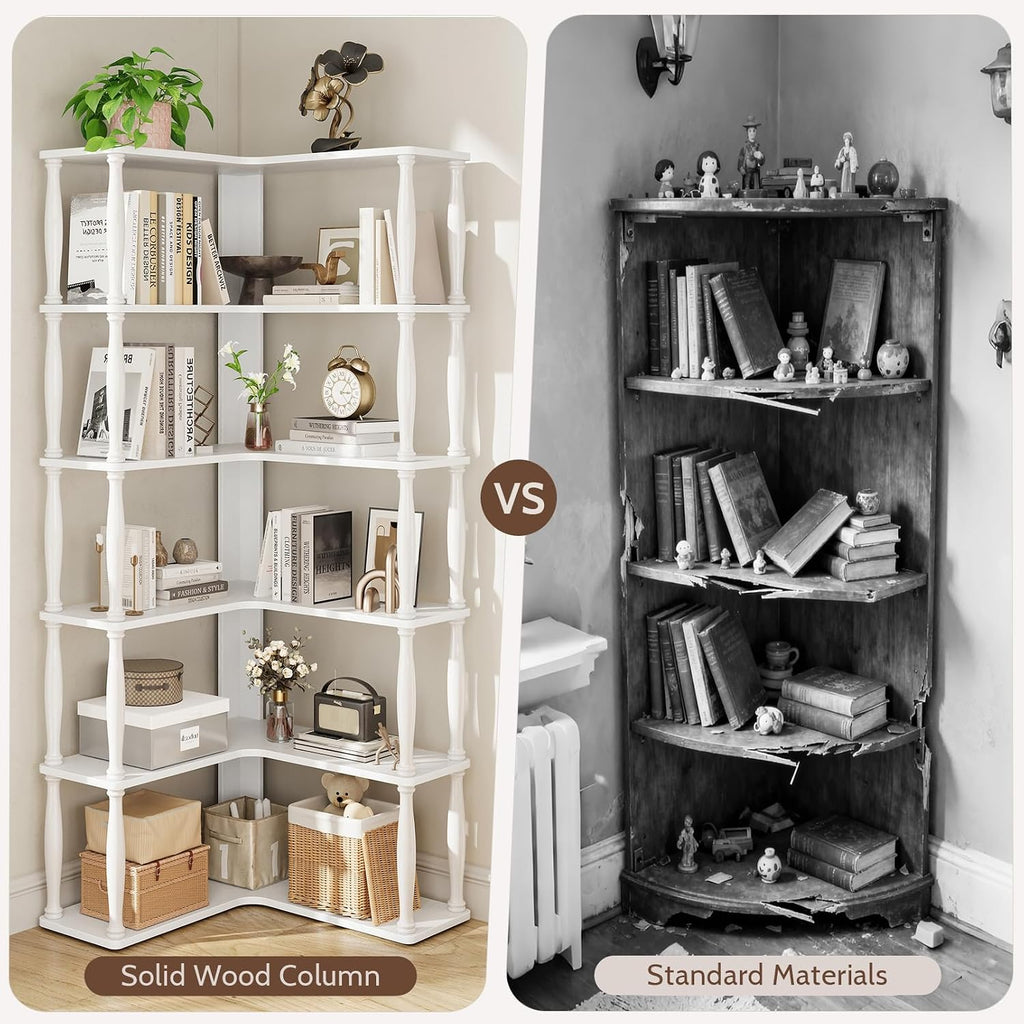 6 Tier Corner Bookshelf, L Shaped Bookcase with Solid Wood Posts,Vintage American Display Shelf for Home Office, Living Room, Bedroom, Kitchen