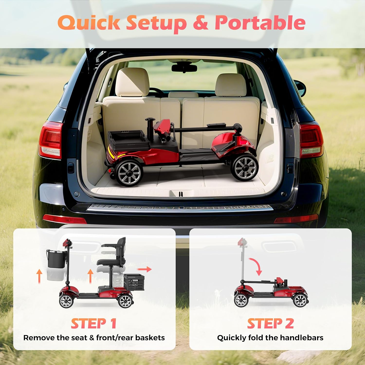 Mobility Scooter for Adults & Seniors with Removable Battery, Cruise & Airport Approved, Foldable Motorized Scooters with Dual Basket, Phone & Cup Holder, Red