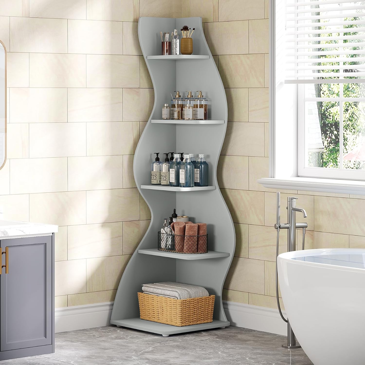 Tribesigns Wavy Corner Shelf Set of 2, Modern 5-Tier Bookshelf Etagere Bookcase with Curvy Shape, Unique Plant Stand Display Shelf for Living Room Small Space (Blue)