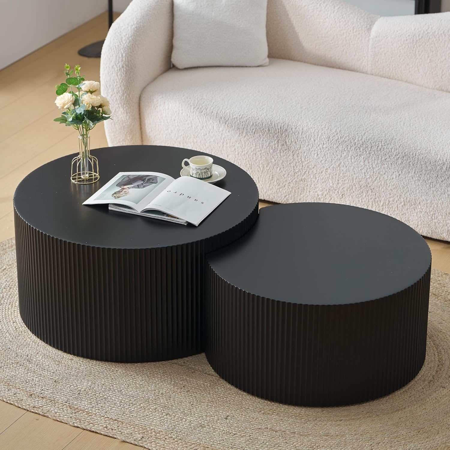 Nesting Coffee Table Set of 2, Modern Drum Side Table End Table, Wave Stripe Round Coffee Table for Living Room, Bedroom, Black-02
