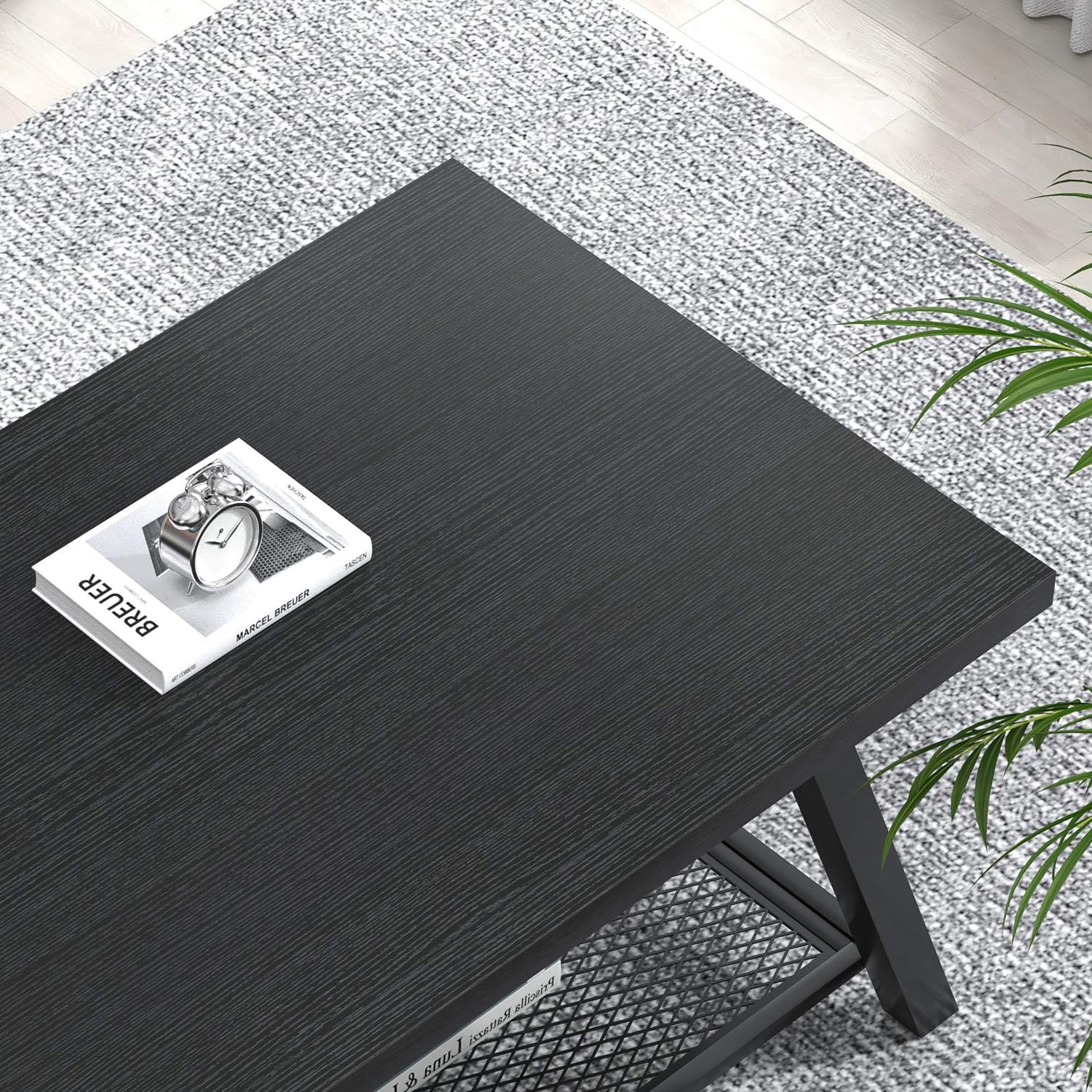 FOLUBAN Black Coffee Table with Storage, Modern Rustic Wood and Metal Coffee Tables for Living Room, 2-Tier Industrial Rectangle Cocktail Tea Table, 47 Inch